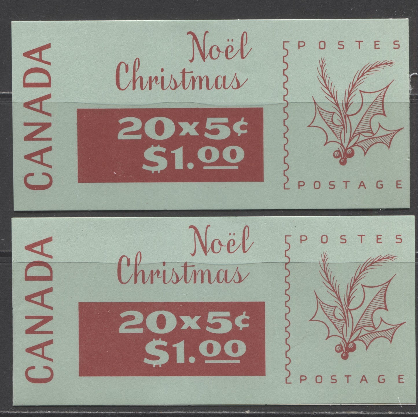 Lot 400 Canada #BK72c-d 1968 Christmas Issue, Two Complete Winnipeg Tagged Booklets Containing 2 Panes of 10 of the 5c Bright Blue and Black, Tab At Left and Right