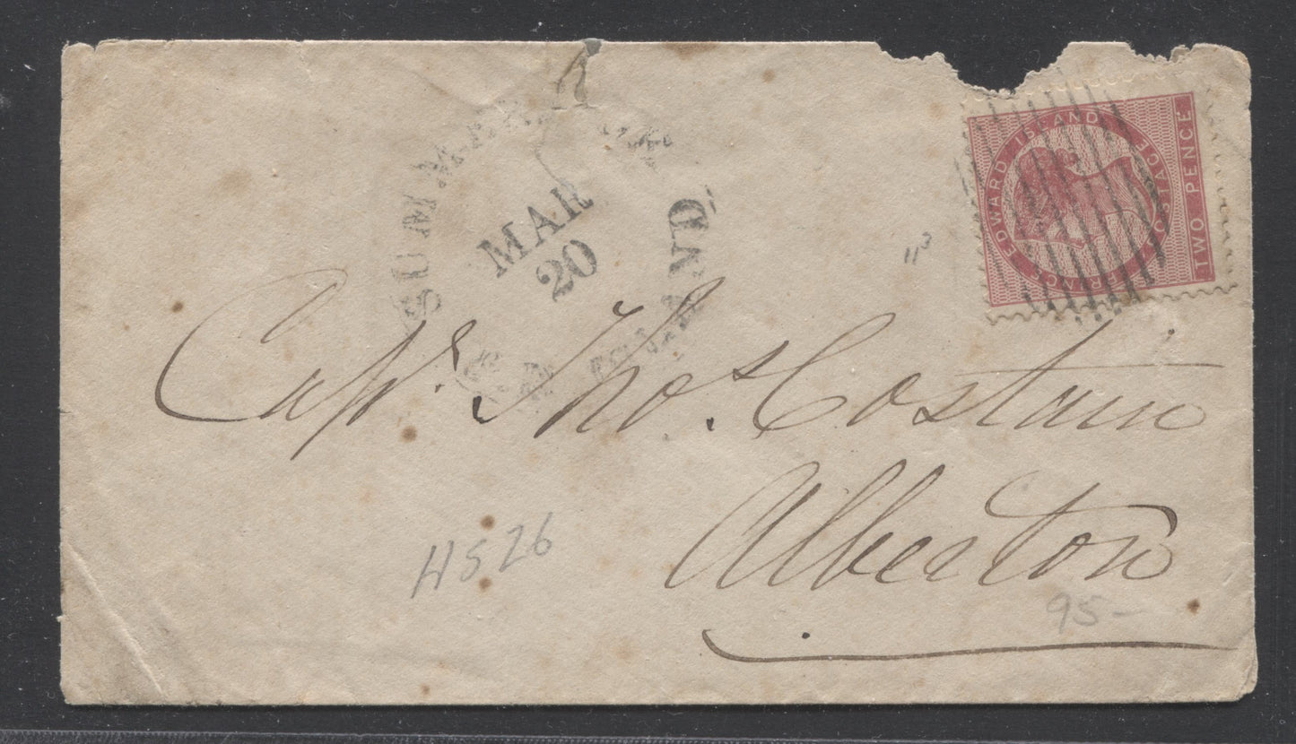 Lot 40 Prince Edward Island #5 2d Rose Perf. 11.75 Die 1 Single Usage on March 20, 1860's Cover to Captain Thomas Costain, in Alberton PEI