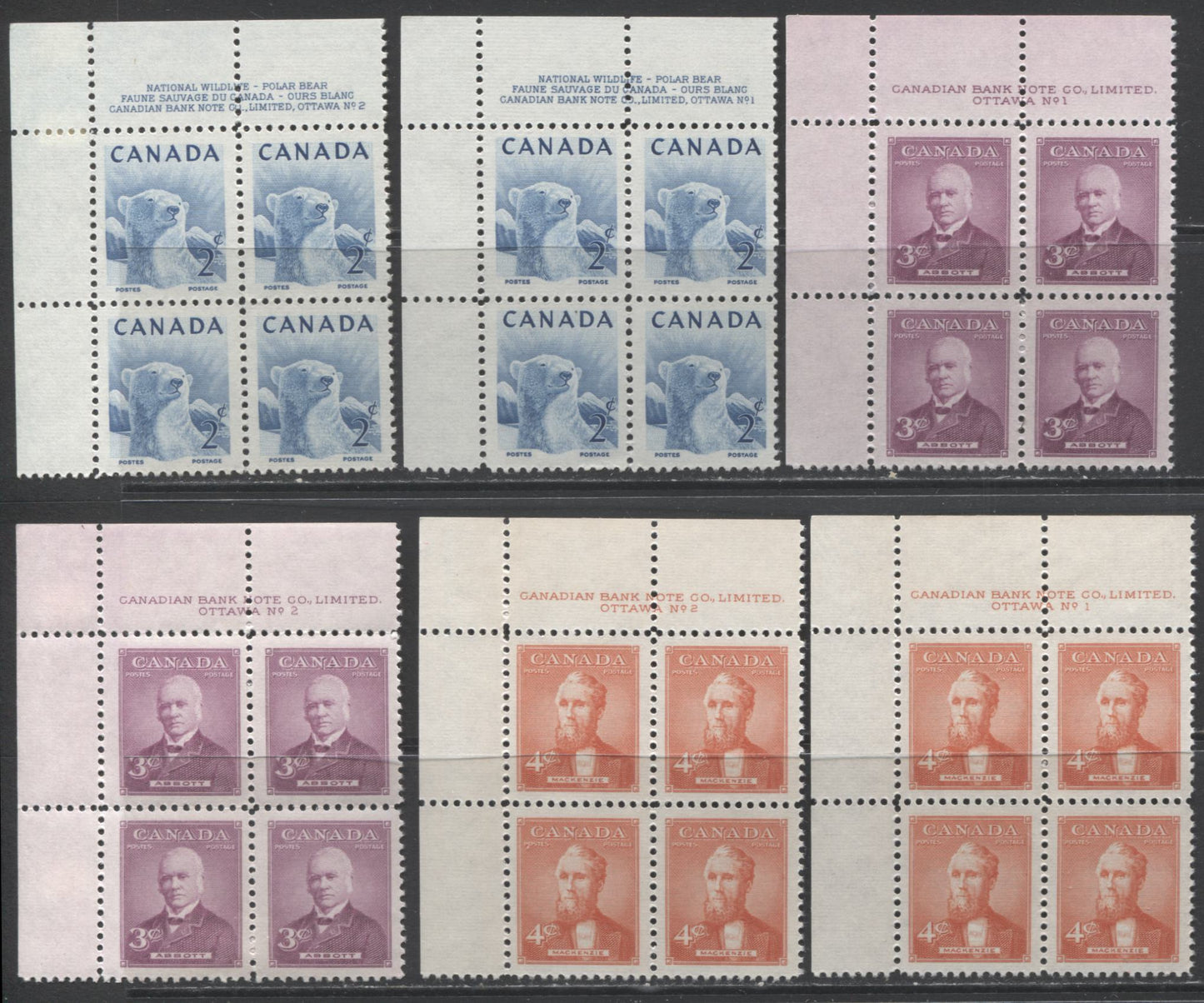 Lot 40 Canada #317-320, 322 4c - 2c Blue & Red - Brown Red Cross Symbol - Polar Bear, 1952-1953 Commemorative Issues, 10 FineNH  and VFNH UL Plates 1-2 Blocks Of 4