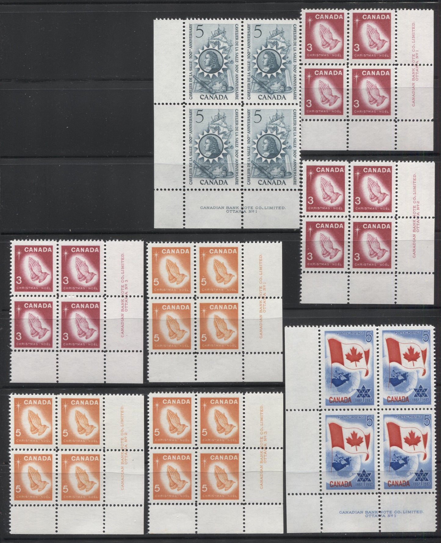Lot 40 Canada #446-453 3c & 5c Blue Green - Blue And Red Cavelier de La Salle - Flag & Earth, 1966-1967 Commemoratives, 12 VFNH LR and LL Plates 1-3 Blocks Of 4, 452 and 447 are on Unlisted LF-fl Paper