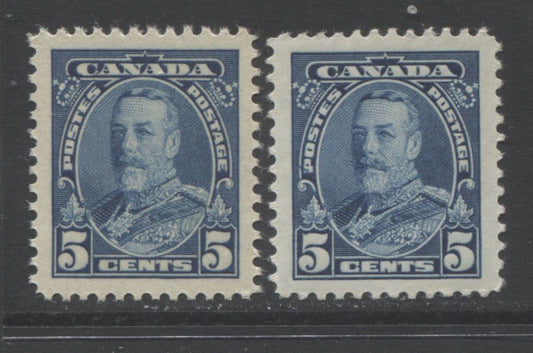 Lot 40 Canada #221 5c Blue King George V, 1935 Pictorial Issue, 2 VFNH Singles With Cream & White Gum