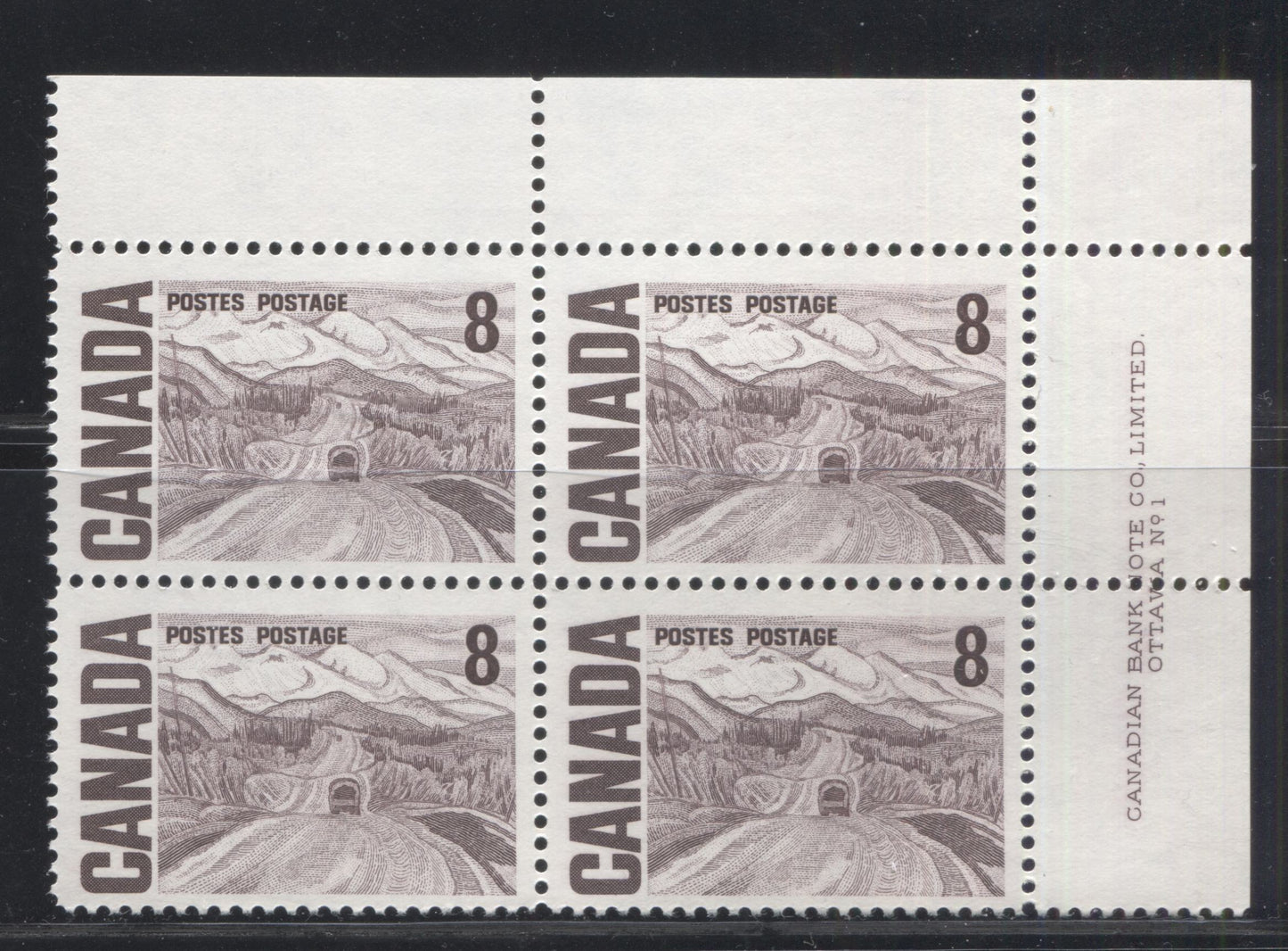 Lot 40 Canada #461iv 8c Violet Brown Alaska Highway, 1967-1973 Centennial Definitive Issue, A VFNH UR Plate 1 Block Of 4 On NF Violet Vertical Wove, Vertical Ribbed Paper With Streaky Dex Gum