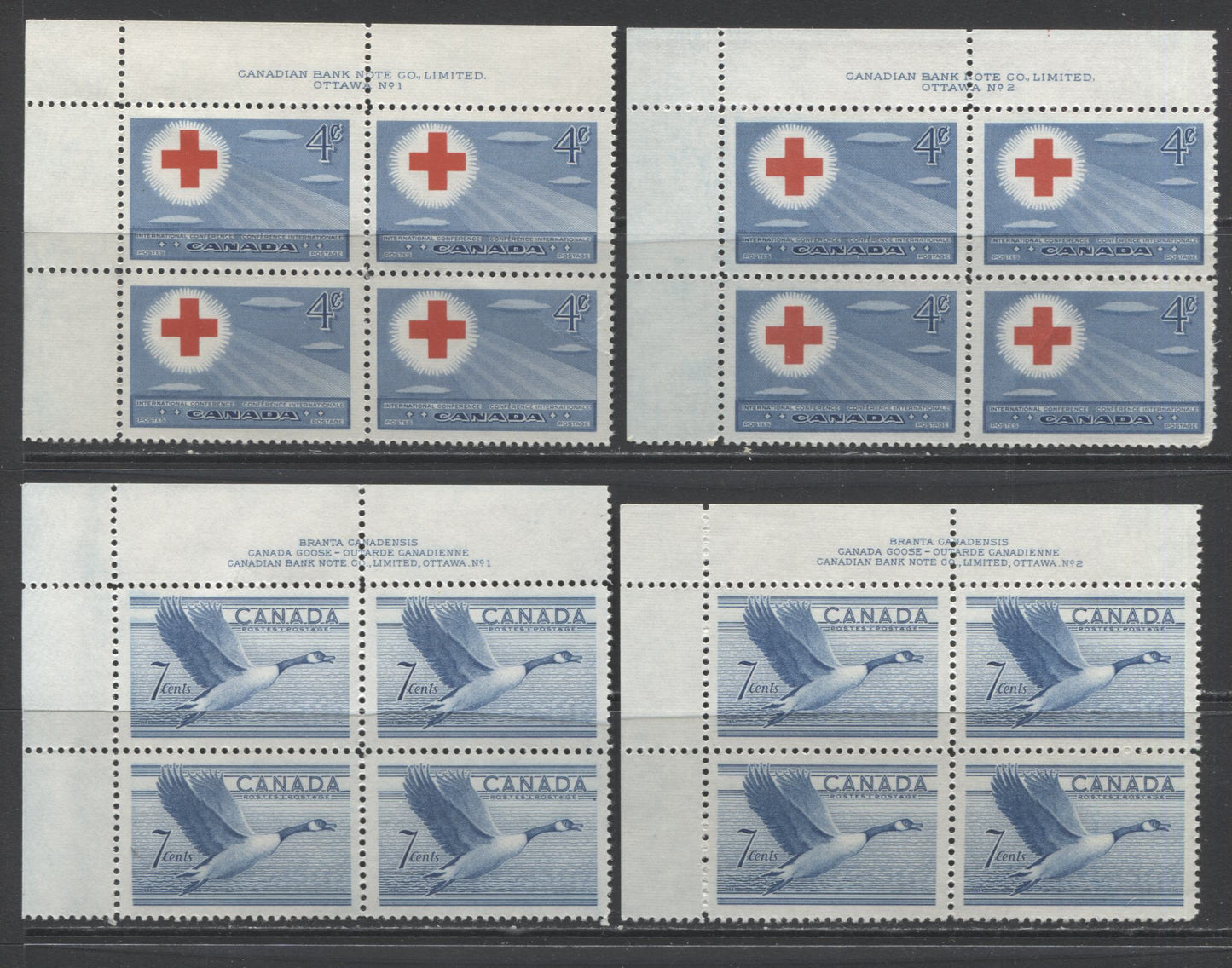 Lot 40 Canada #317-320, 322 4c - 2c Blue & Red - Brown Red Cross Symbol - Polar Bear, 1952-1953 Commemorative Issues, 10 FineNH  and VFNH UL Plates 1-2 Blocks Of 4