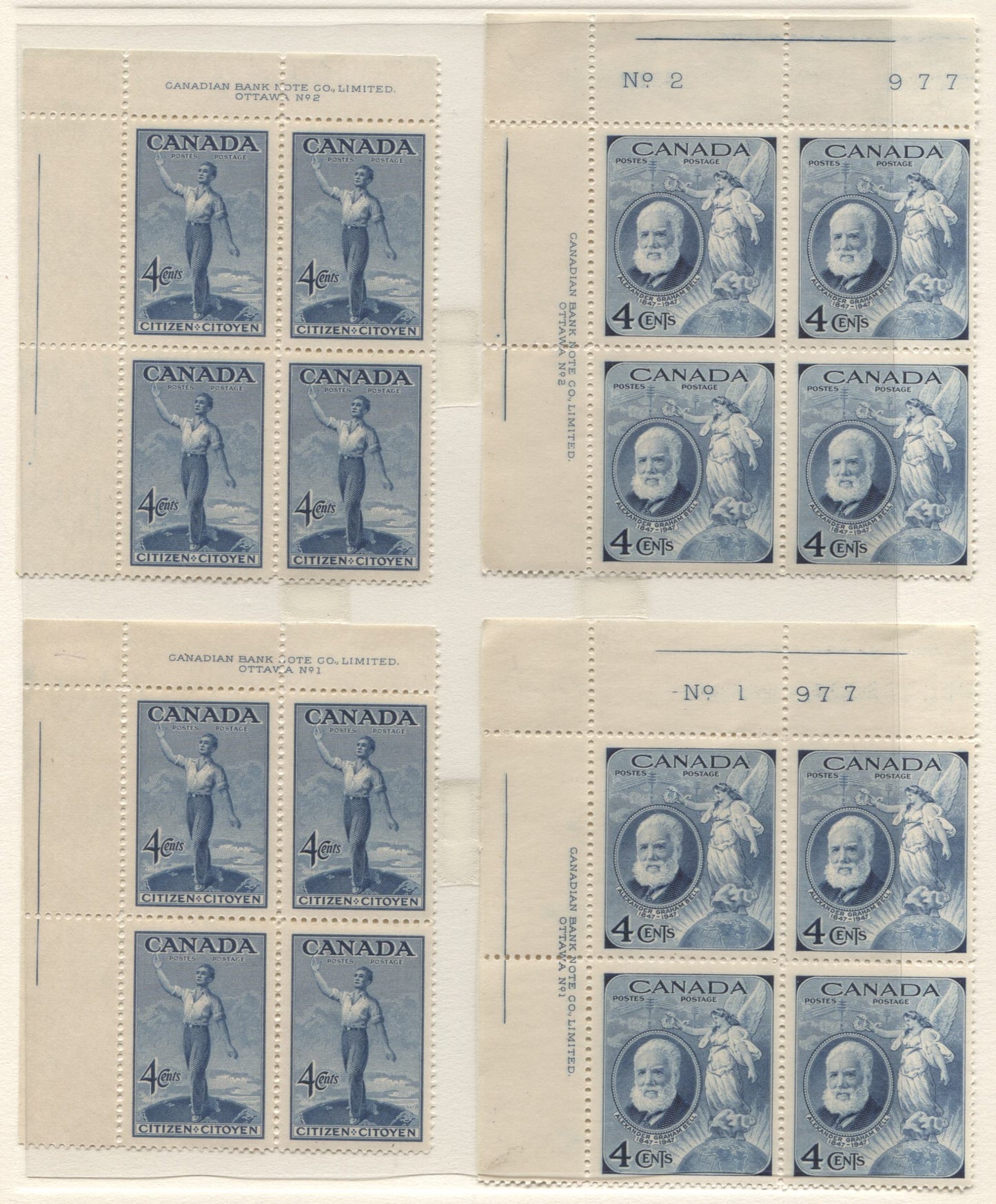 Lot 4 Canada #274-277, 282-283 4c Deep Blue - Purple Alexander Graham Bell - Founding Of Halifax, 1947-1949 Commemorative Issues, 12 VFNH UL Plates 1-2 Blocks Of 4