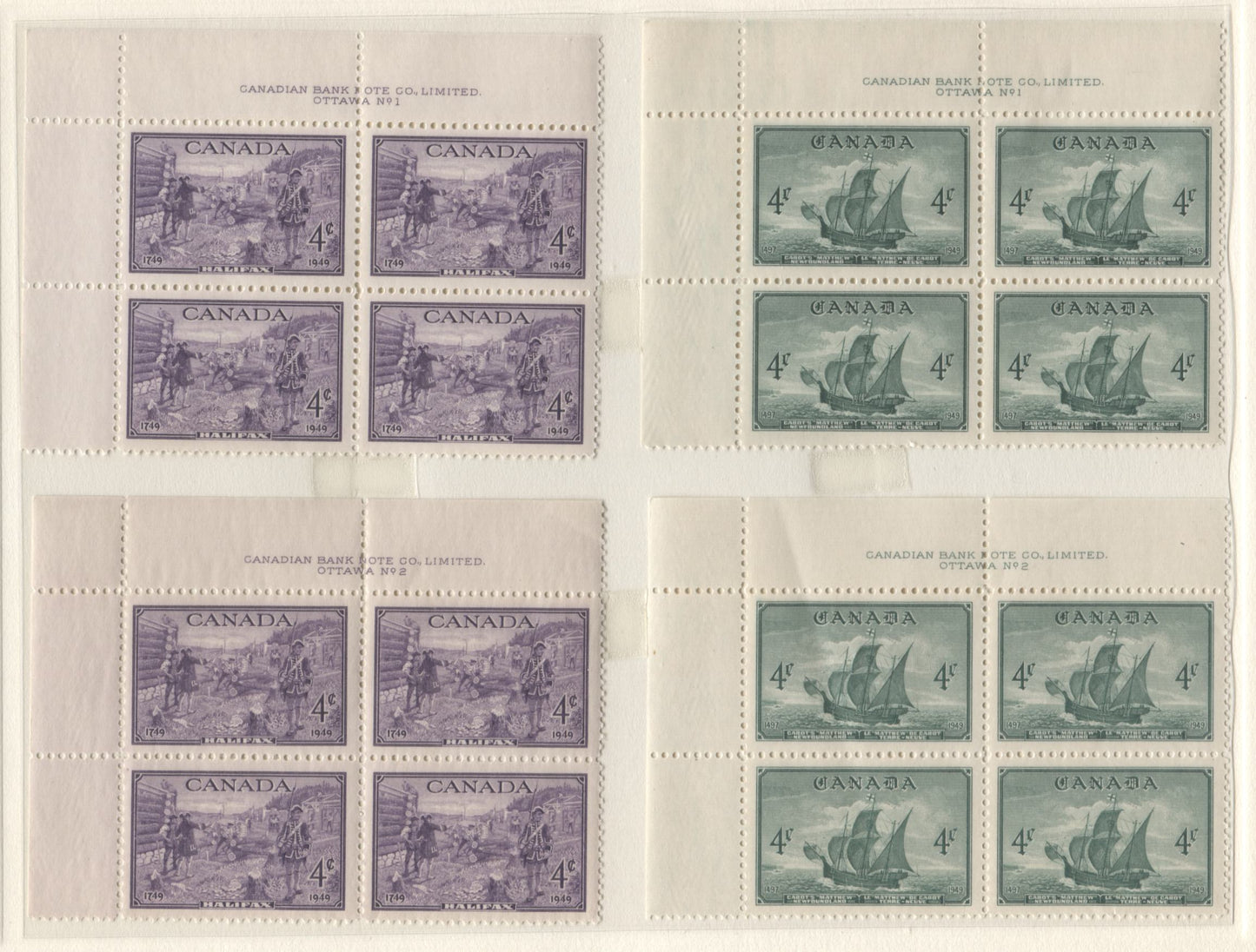 Lot 4 Canada #274-277, 282-283 4c Deep Blue - Purple Alexander Graham Bell - Founding Of Halifax, 1947-1949 Commemorative Issues, 12 VFNH UL Plates 1-2 Blocks Of 4