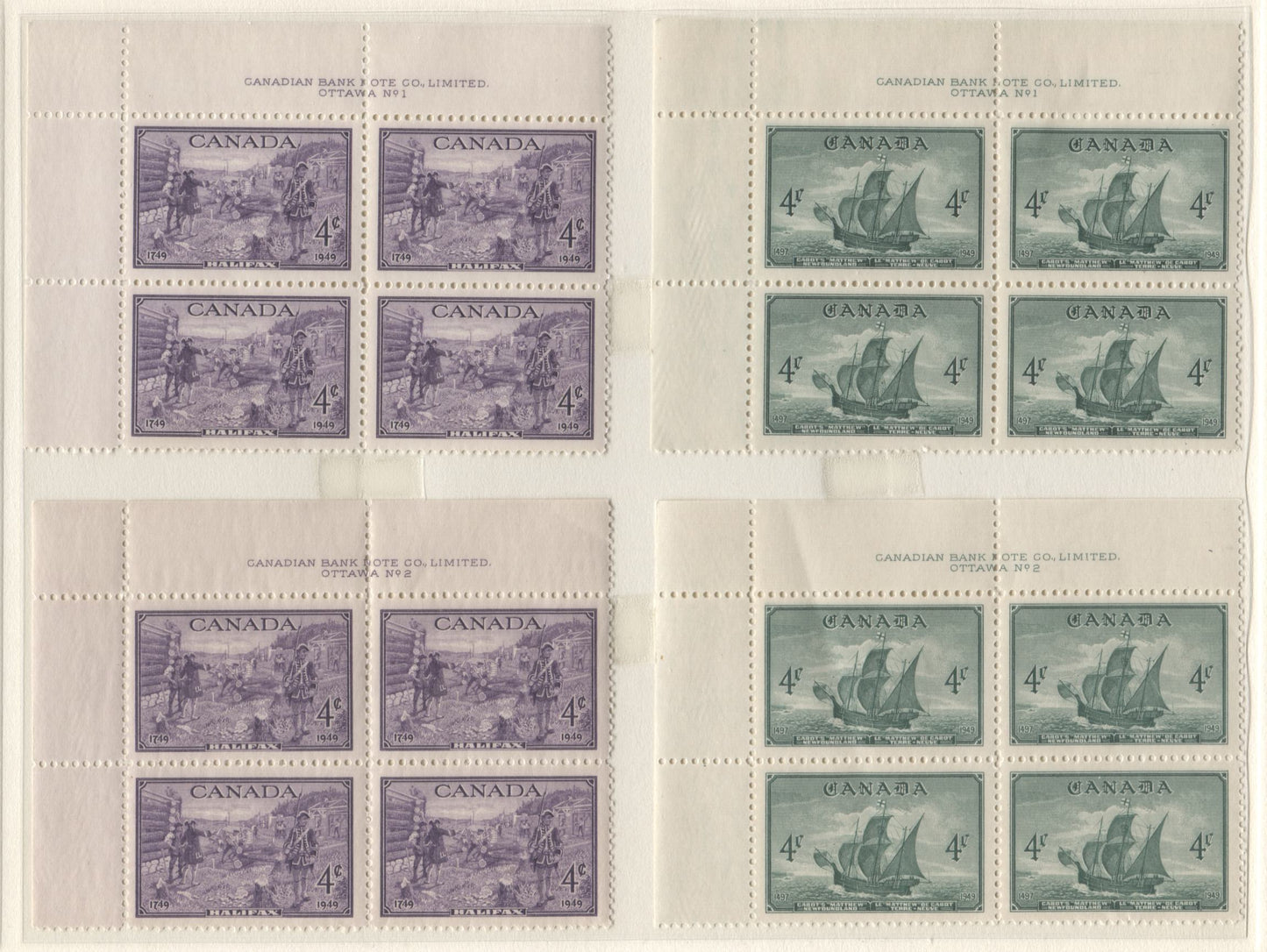 Lot 4 Canada #274-277, 282-283 4c Deep Blue - Purple Alexander Graham Bell - Founding Of Halifax, 1947-1949 Commemorative Issues, 12 VFNH UL Plates 1-2 Blocks Of 4