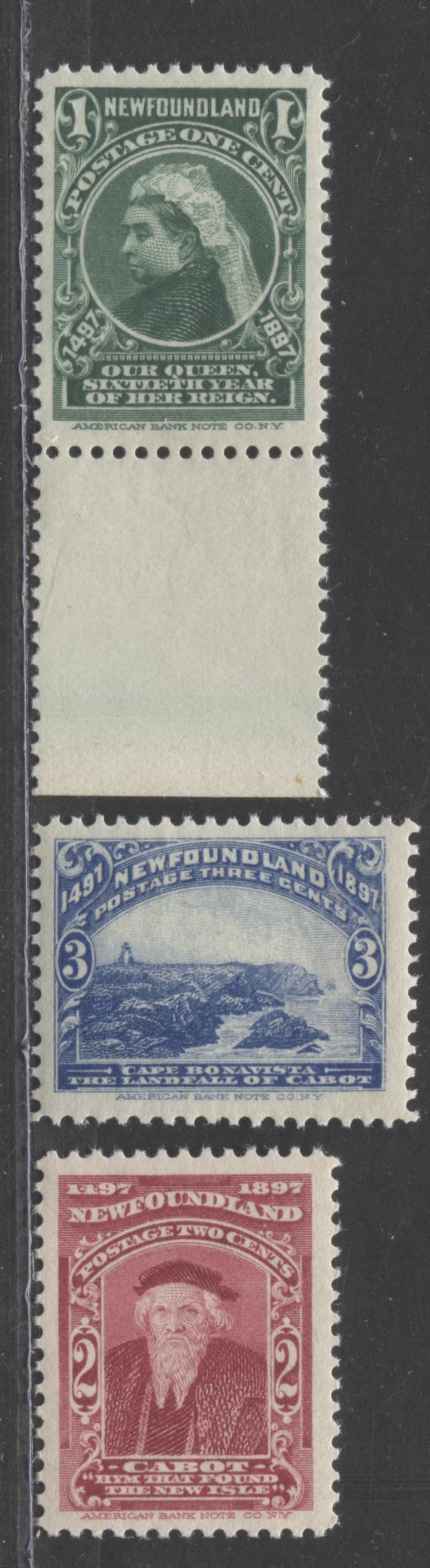 Lot 404 Newfoundland #61-63 1c-3c Dark green - Ultramarine Queen Victoria - Cape Bonavista, 1897 John Cabot Issue, Three VFNH Examples