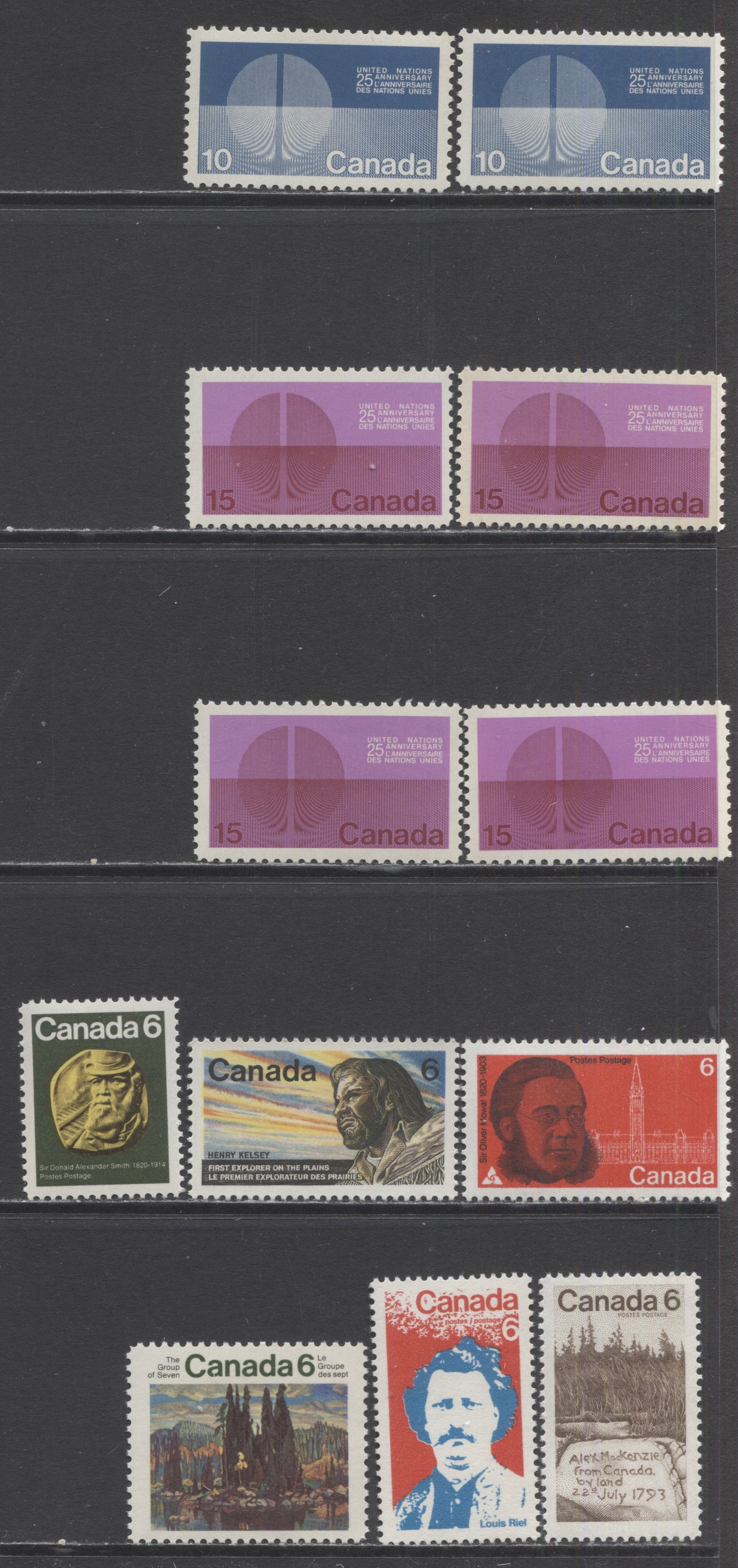 Lot 406 Canada #512-518 6c-15c Multicolored - Lilac & Dark Red Various Subjects, 1970 Commemoratives, 12 VFNH Tagged & Untagged Singles, Including Some Fluorescent Varieties