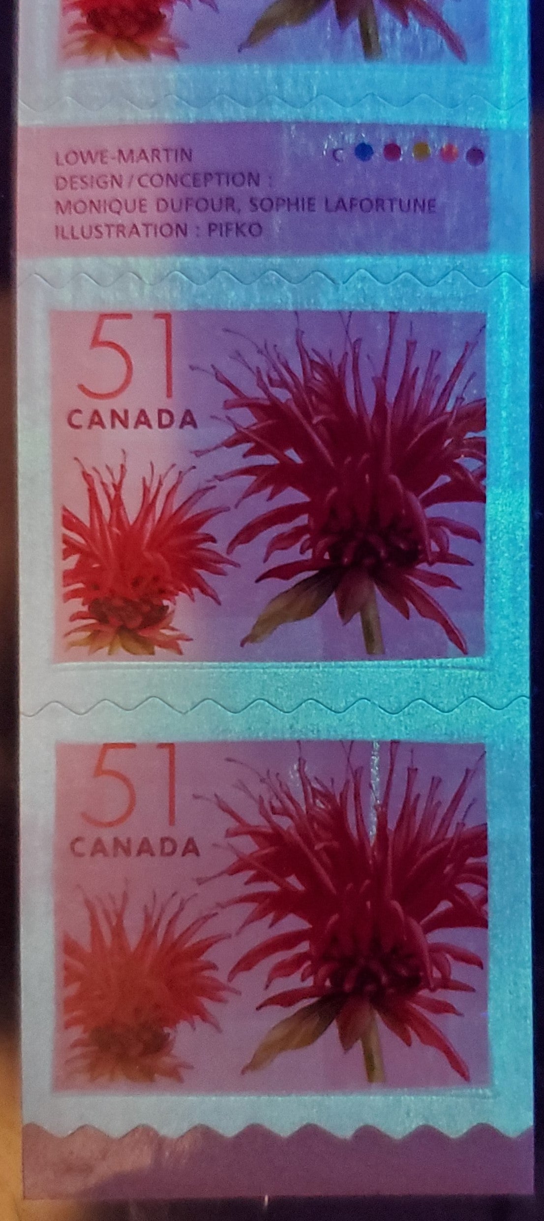 Lot 40 Canada #2128ii 51c Multicolored Red Bergamot, 2005-2006 Flower Definitives (2) - Coils, A VFNH Gutter Strip Of 4 On DF TRC Paper With Pale Washed Out Tagging, Showing Streak Into Last Stamp $15