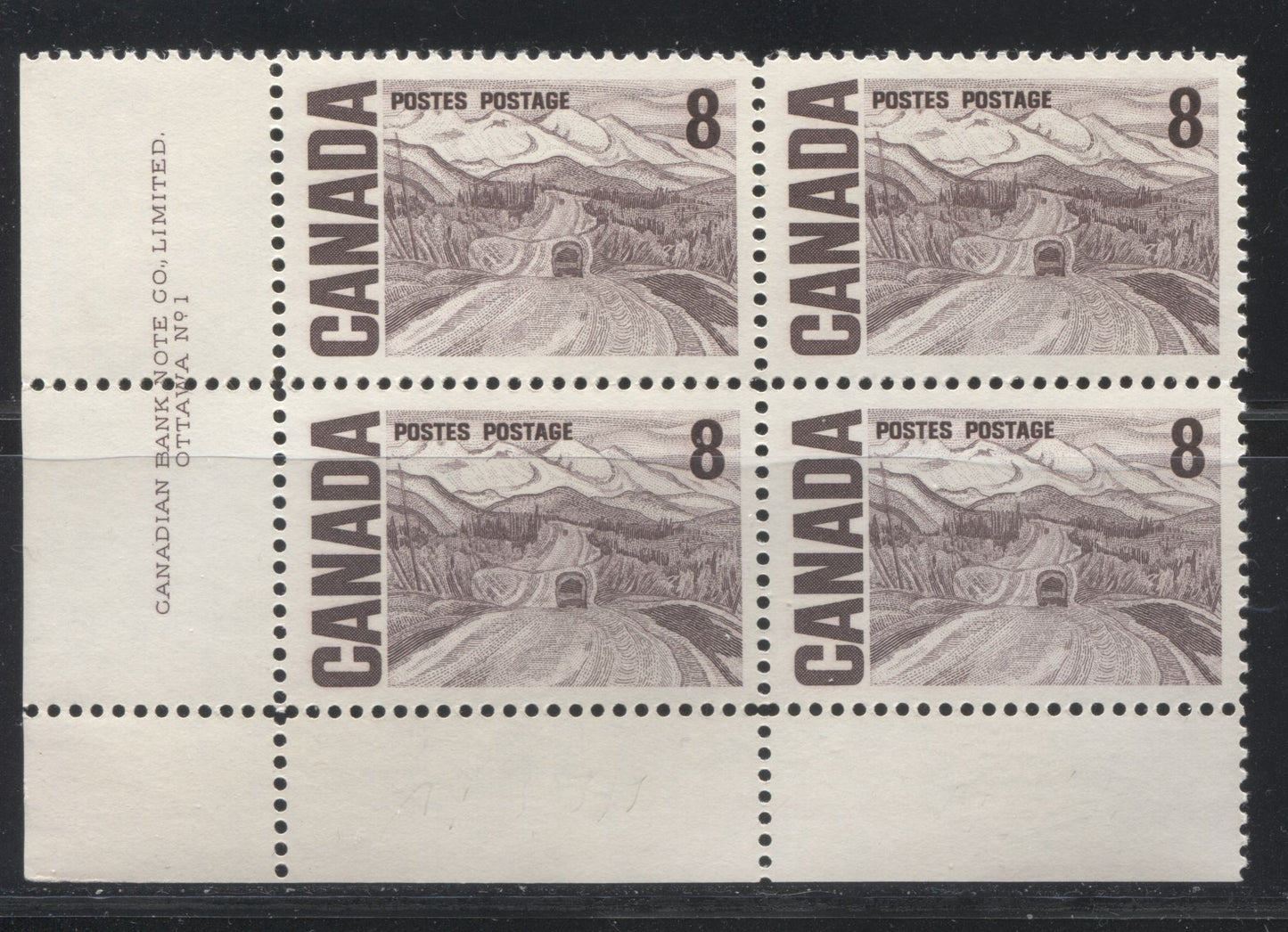 Lot 41 Canada #461iv 8c Violet Brown Alaska Highway, 1967-1973 Centennial Definitive Issue, A VFNH LL Plate 1 Block Of 4 On NF Light Violet Horizontal Wove Paper With Smooth Dex Gum