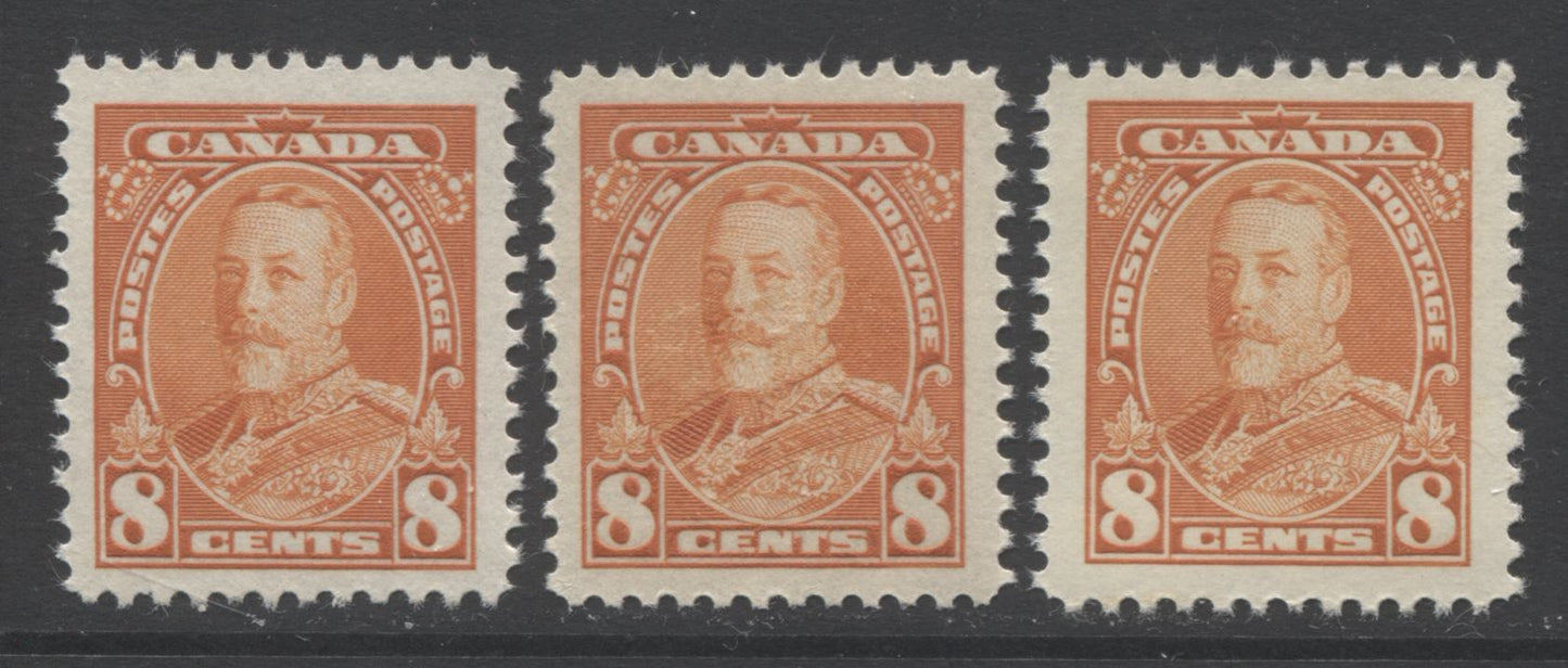Lot 41 Canada #222 8c Deep Orange King George V, 1935 Pictorial Issue, 3 VFNH Singles Showing Different Shades, And With Semi Glossy Cream & Crackly Cream Gum