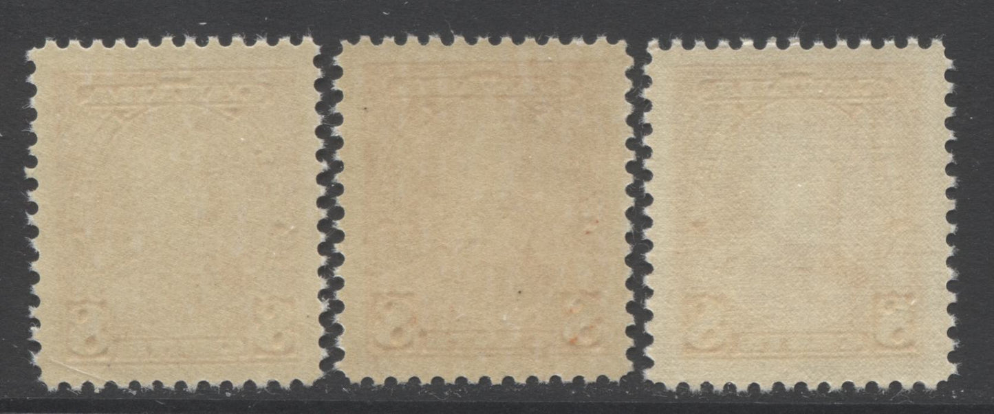 Lot 41 Canada #222 8c Deep Orange King George V, 1935 Pictorial Issue, 3 VFNH Singles Showing Different Shades, And With Semi Glossy Cream & Crackly Cream Gum
