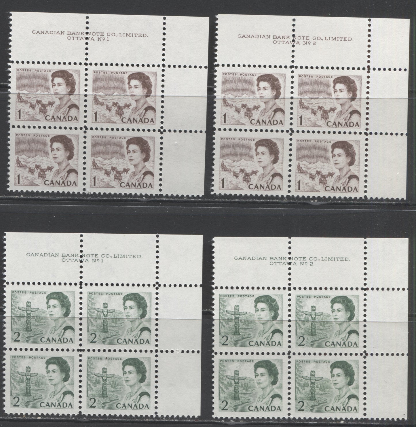 Lot 41 Canada #451-455 1c - 5c Brown - Blue & Red Queen Elizabeth II - Flag & Earth, 1966-1973 Commemoratives & Definitives, 11 VFNH UR and LR Plates 1-3 Blocks Of 4, 451 is on NF Paper and 452 is on DF and DF-fl Paper