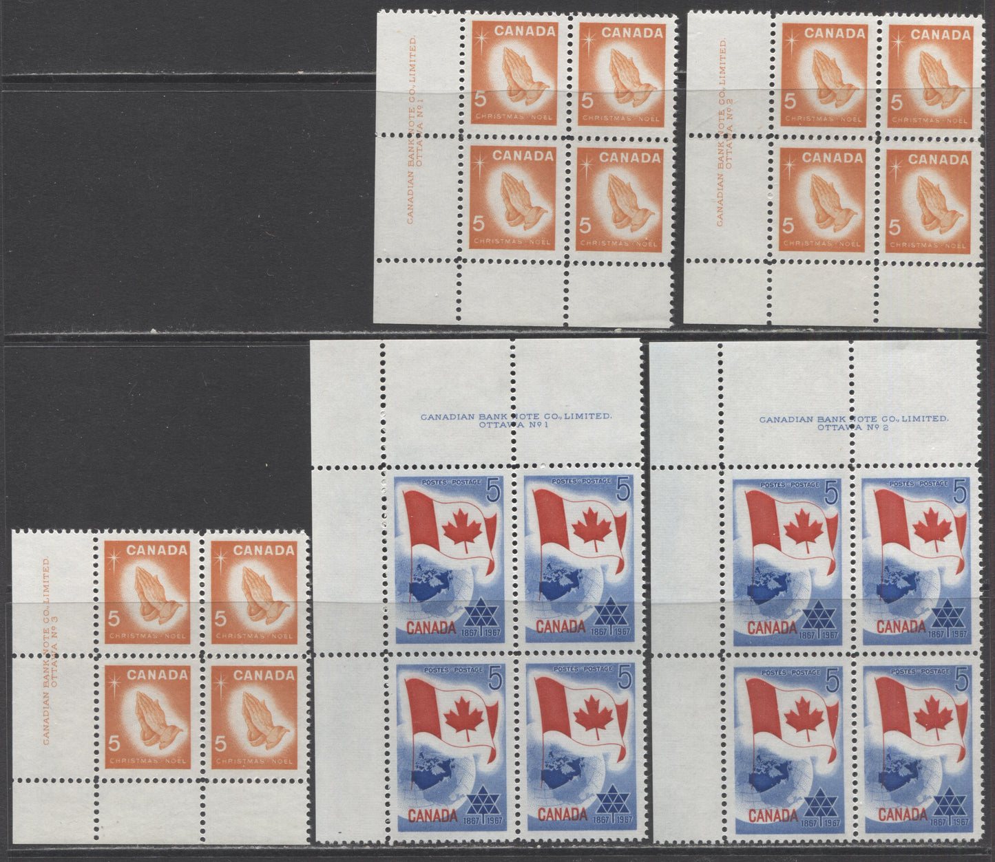 Lot 42 Canada #452-456 1c - 5c Brown - Blue & Red Queen Elizabeth II - Flag & Earth, 1966-1973 Commemoratives & Definitives, 10 VFNH LL and UL Plates 1-3 Blocks Of 4, 452 is on DF-fl and DF Paper