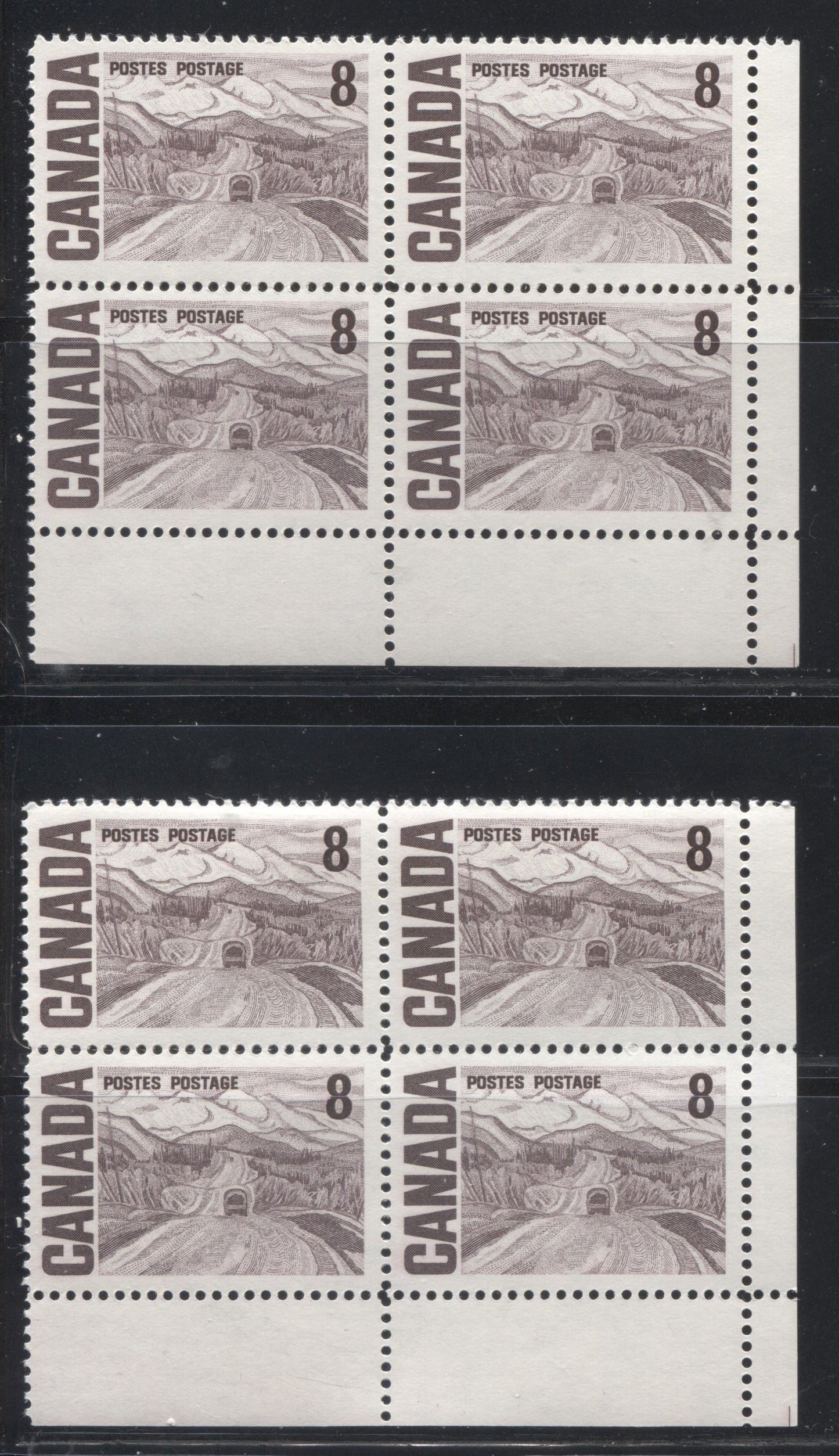 Lot 42 Canada #461iv 8c Violet Brown Alaska Highway, 1967-1973 Centennial Definitive Issue, Two VFNH LR Field Stock Cutting Guideline Blocks Of 4 On NF Violet Horizontal & Vertical Wove Papers With Streaky & Smooth Dex Gum