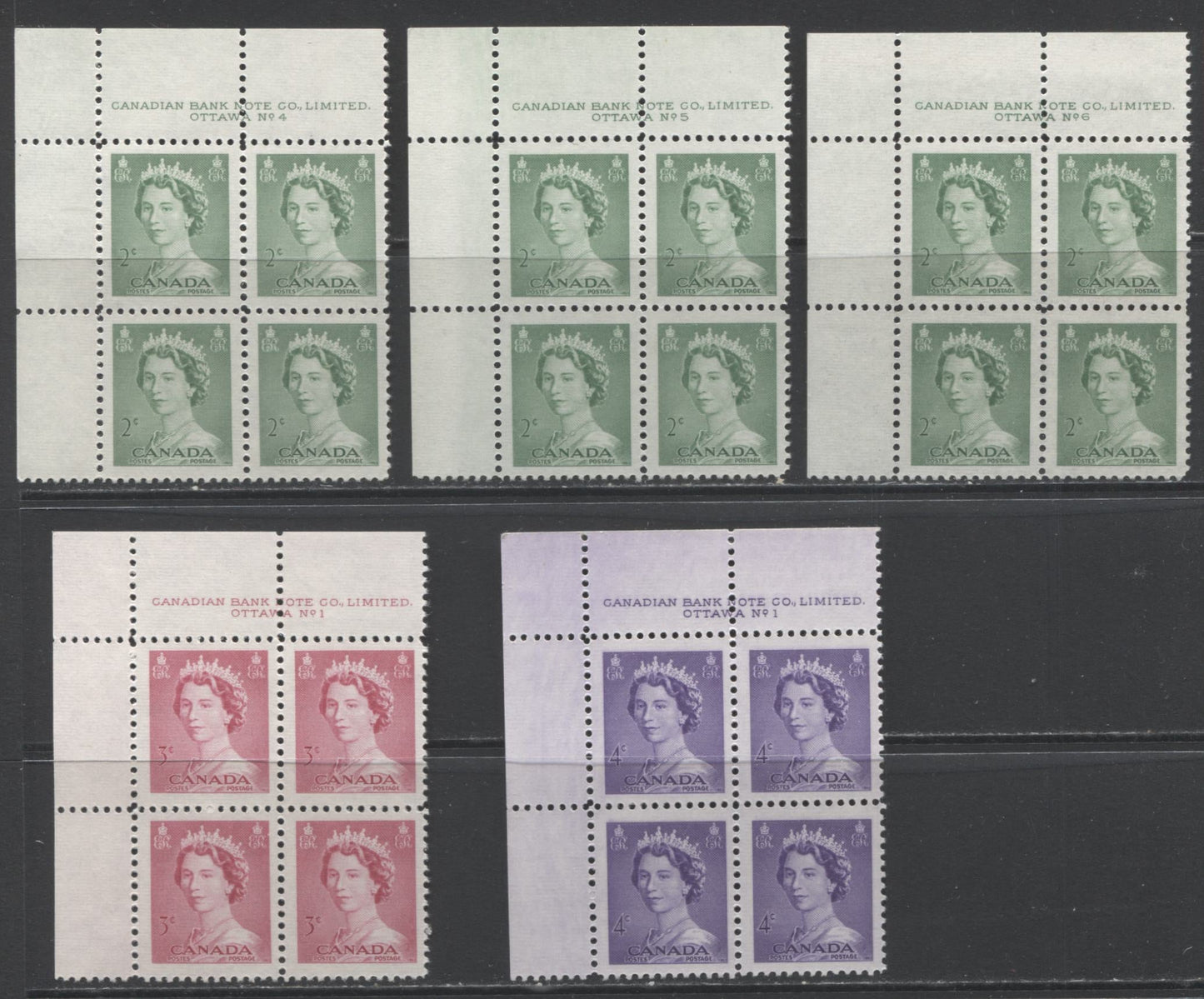 Lot 42 Canada #326-328 2c - 4c Green - Violet Queen Elizabeth II, 1953 Karsh Issue, 5 VFNH UL Plates 1, 4-6 Blocks Of 4