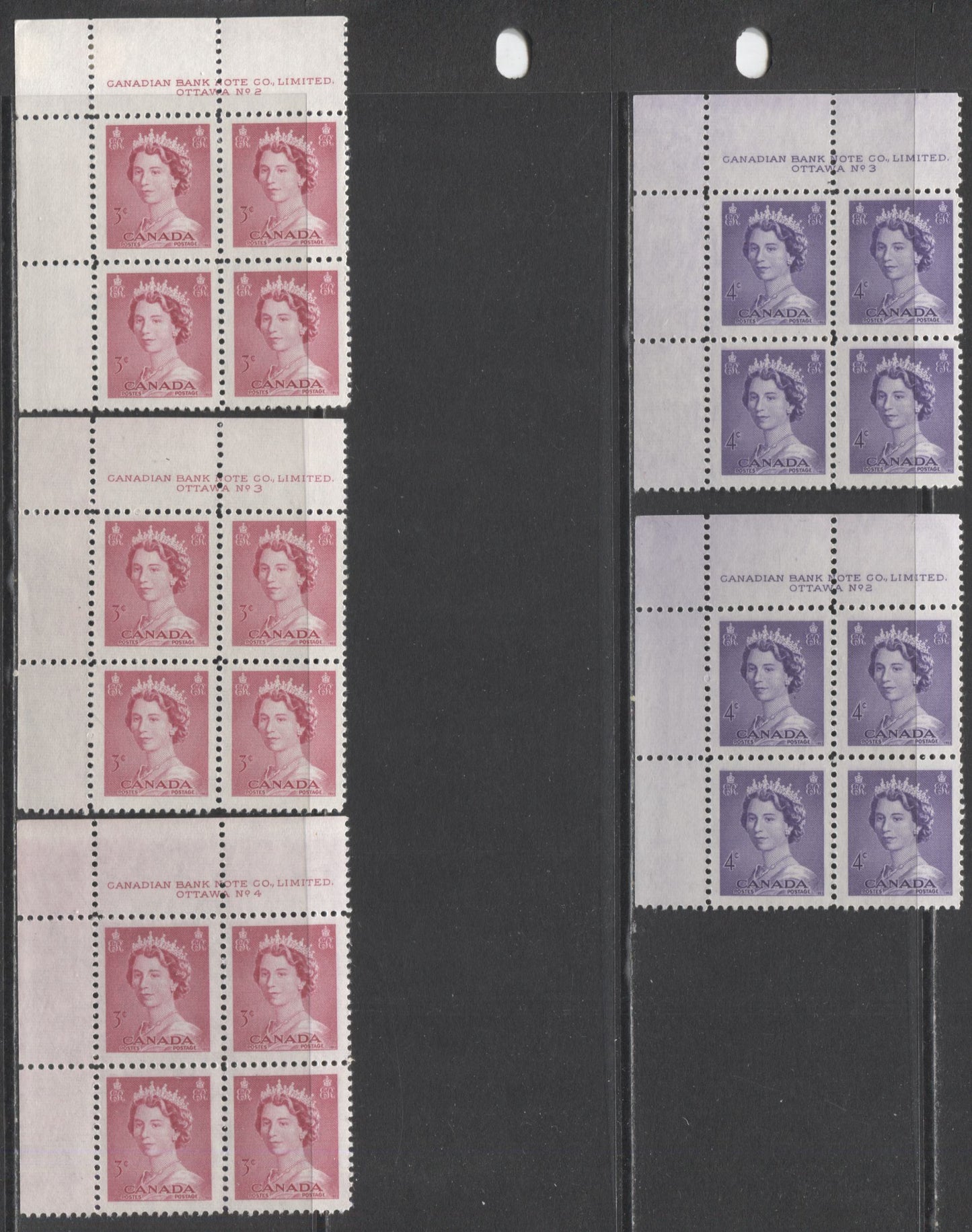 Lot 43 Canada #327-328 3c & 4c Carmine Rose & Violet Queen Elizabeth II, 1953 Karsh Issue, 5 Fine NH and VFNH UL Plates 2-4 Blocks Of 4