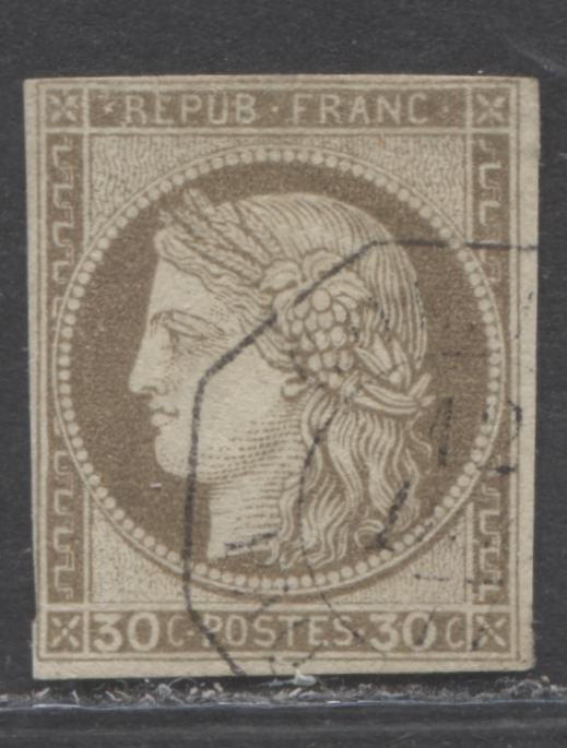 Lot 43 French Colonies SC#22 30c Brownish Grey on Yellowish 1872-1877 Imperforate Ceres Issue, A Fine Used Example, Net Estimated Value $21, Click on Listing to See ALL Pictures