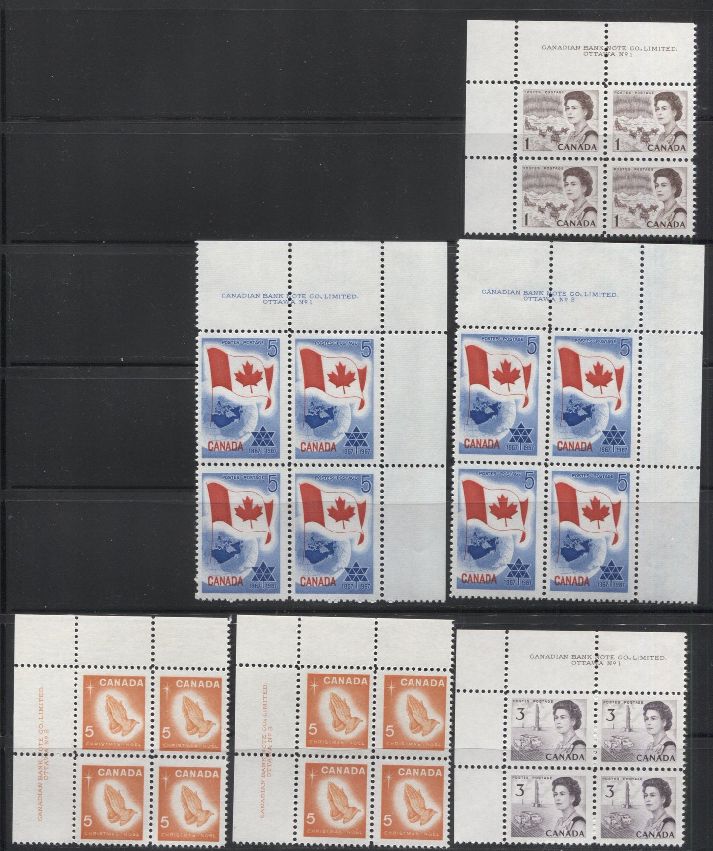 Lot 43 Canada #452-456 1c - 5c Brown - Blue & Red Queen Elizabeth II - Flag & Earth, 1966-1973 Commemoratives & Definitives, 9 VFNH UL and UR Plates 1-3 Blocks Of 4, 454 Plate 2 is on NF Paper