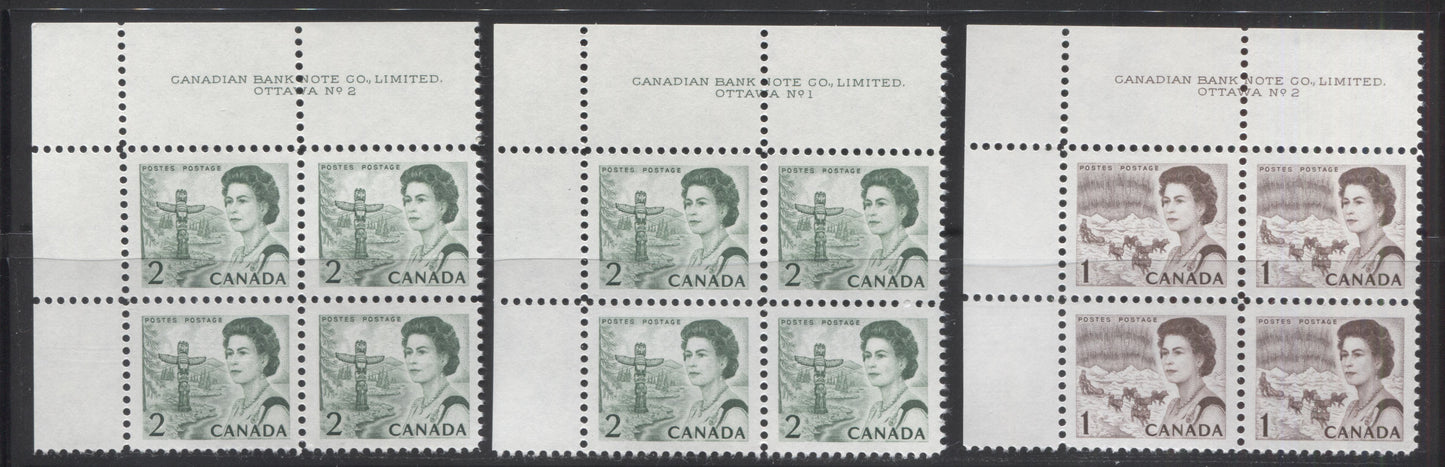 Lot 43 Canada #452-456 1c - 5c Brown - Blue & Red Queen Elizabeth II - Flag & Earth, 1966-1973 Commemoratives & Definitives, 9 VFNH UL and UR Plates 1-3 Blocks Of 4, 454 Plate 2 is on NF Paper