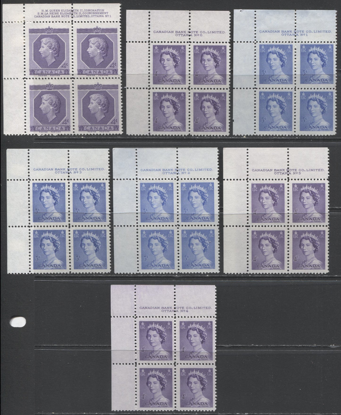 Lot 44 Canada #328-330 4c & 5c Violet & Ultramarine Queen Elizabeth II, 1953 Karsh & Coronation Issues, 7 Fine NH and VFNH UL Plates 1-6 Blocks Of 4