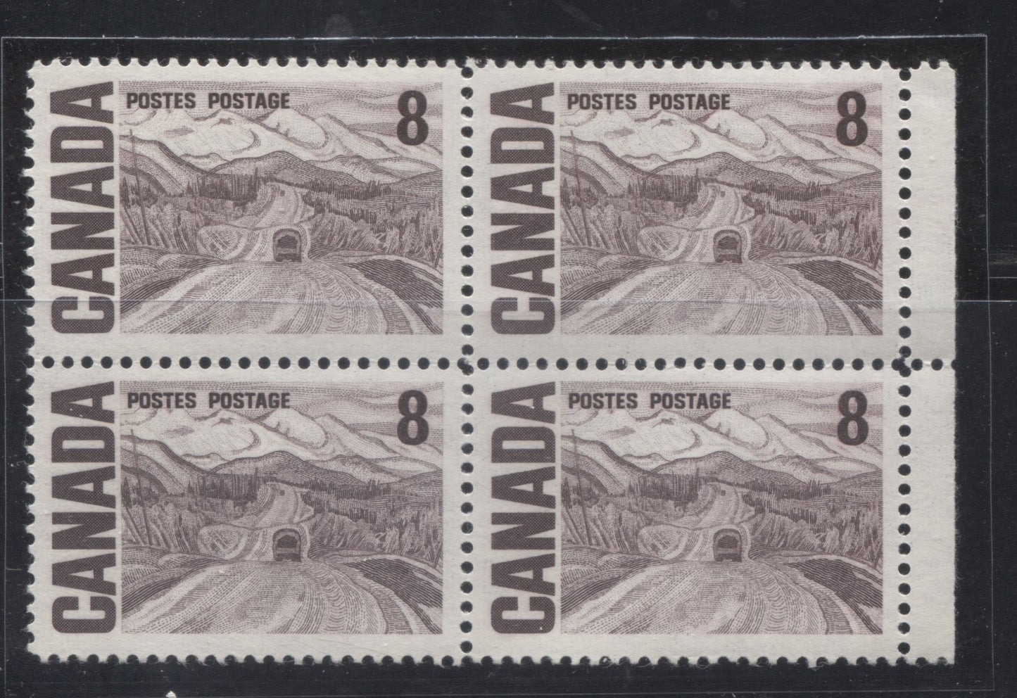 Lot 45 Canada #461iii 8c Violet Brown Alaska Highway, 1967-1973 Centennial Definitive Issue, A VFNH Right Margin Block Of 4 On HB11 Horizontal Wove, Vertical Ribbed Paper With Dex Gum, Plastic Flow Variety