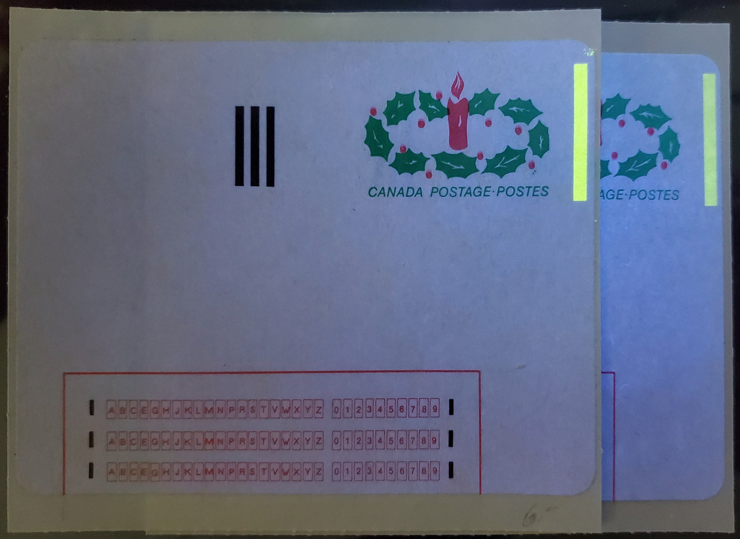 Lot 45 Canada #1ST, 2ST  Multicolored Candle & Holly, 1983-1984 Christmas Issue, 3 VFNH Stick N' Tic Labels With Strong & Weaker Tag Bars On The 1983 Label, Labels Are MF/HF & LF Papers