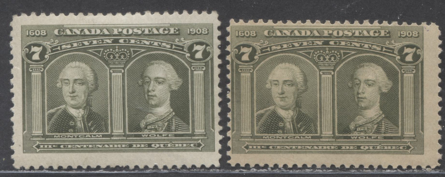 Lot 46 Canada #100 7c Olive Green Montcalm & Wolfe, 1908 Quebec Tercentenary Issue, 2 FOG Singles, Two Different Shades