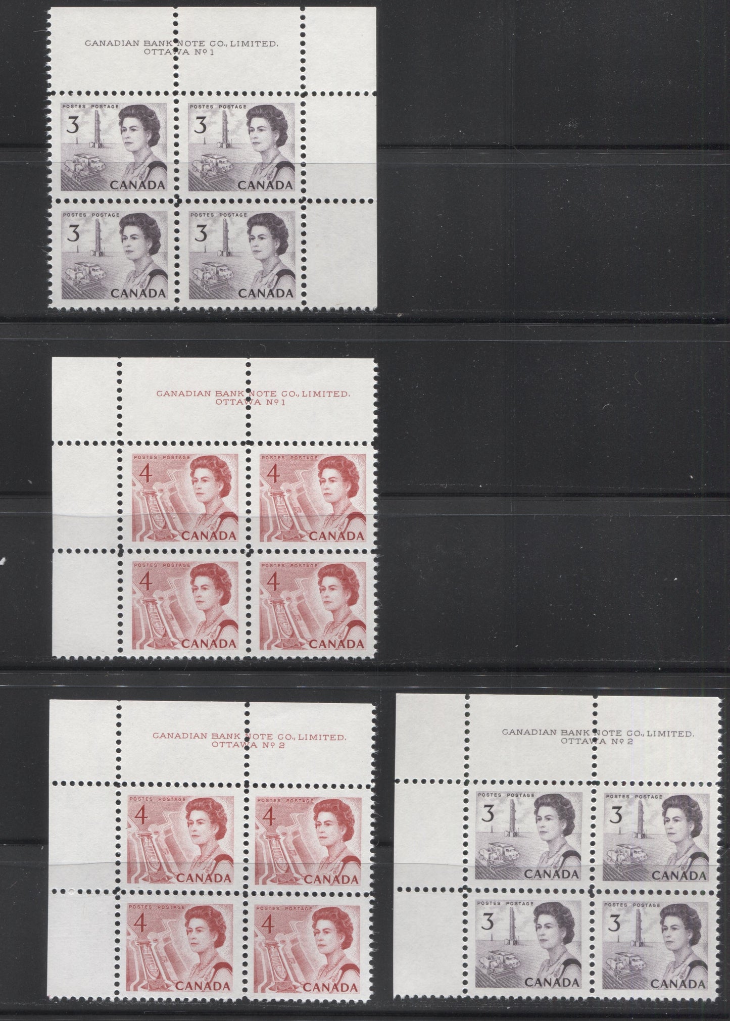 Lot 46 Canada #456-457 3c & 4c Dull Purple & Carmine Rose Queen Elizabeth II, 1967-1973 Centennial Issue, 5 VFNH UL & UR Plates 1-2 Blocks Of 4 On Non & Dull Fluorescent Papers