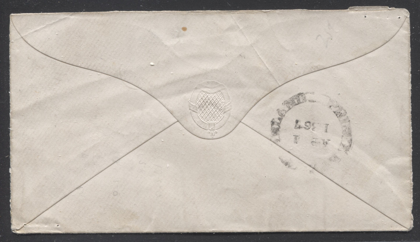 Lot 47 Prince Edward Island #5 2d Rose Perf. 12 x 11.75 Die 1 Single Usage on April 1, 1867 Cover to McAuly and Johnston General Store in Grand River, PEI
