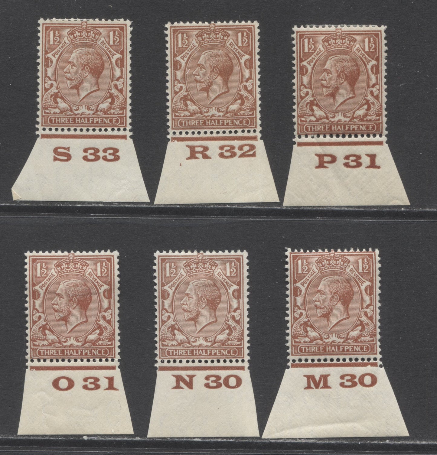 Lot 48 Great Britain SC#189/ 1924-1934 King George V Block Cypher Profile Head Issue, A F/VFOG Range Of Singles, 2017 Scott Cat. $3 USD, Click on Listing to See ALL Pictures