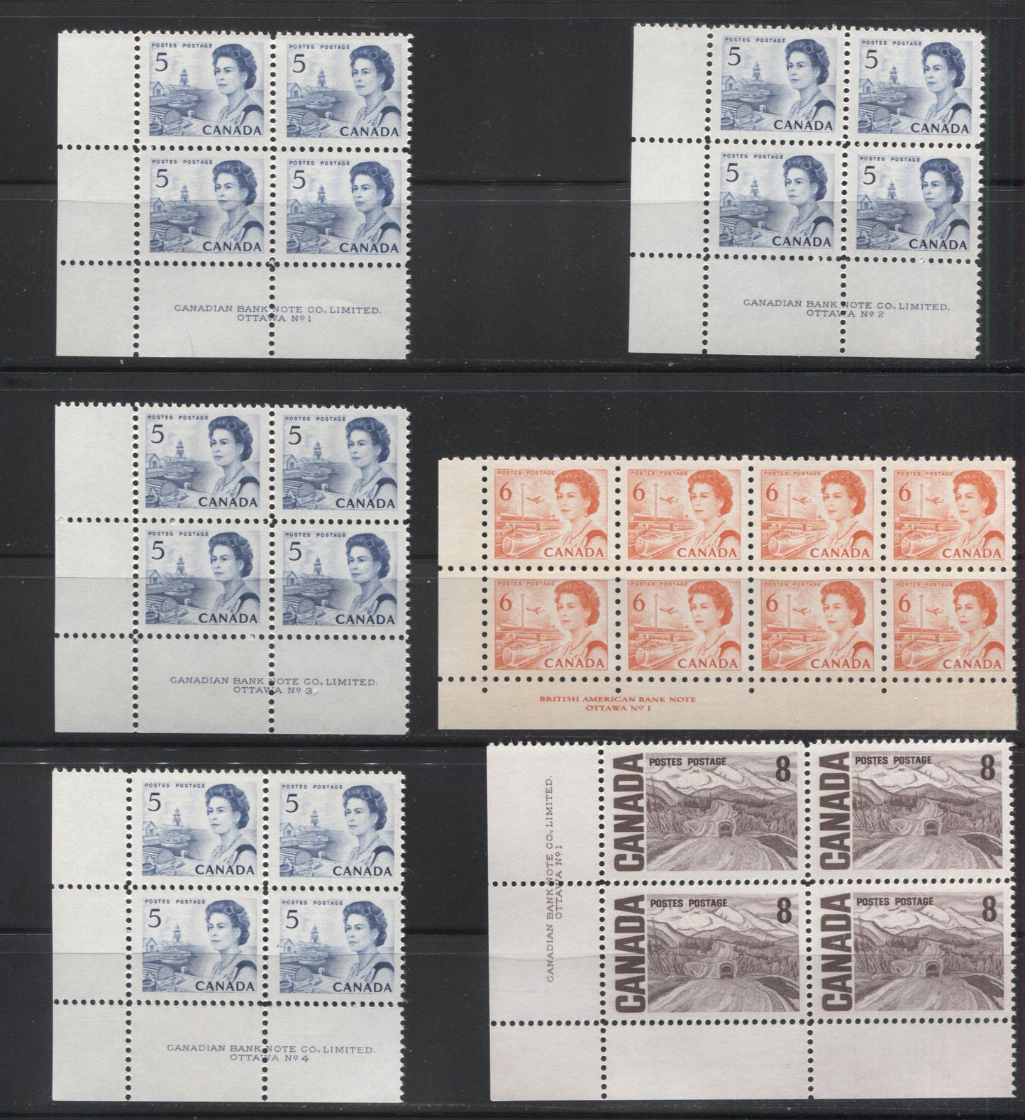 Lot 50 Canada #458-459, 461 5c - 6c, 8c Blue, Orange & Violet Brown Queen Elizabeth II & Alaska Highway, 1967-1973 Centennial Issue, 6 VFNH LL Plates 1-4 Blocks Of 4 & 8 On Dull & Low Fluorescent Papers