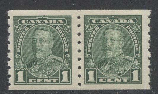 Lot 50 Canada #228 1c Green King George V, 1935 Pictorial Coil Issue, A Fine OG Coil Pair On Horizontal Wove Paper With Shiny Cream Gum, Perf 8 Vertical