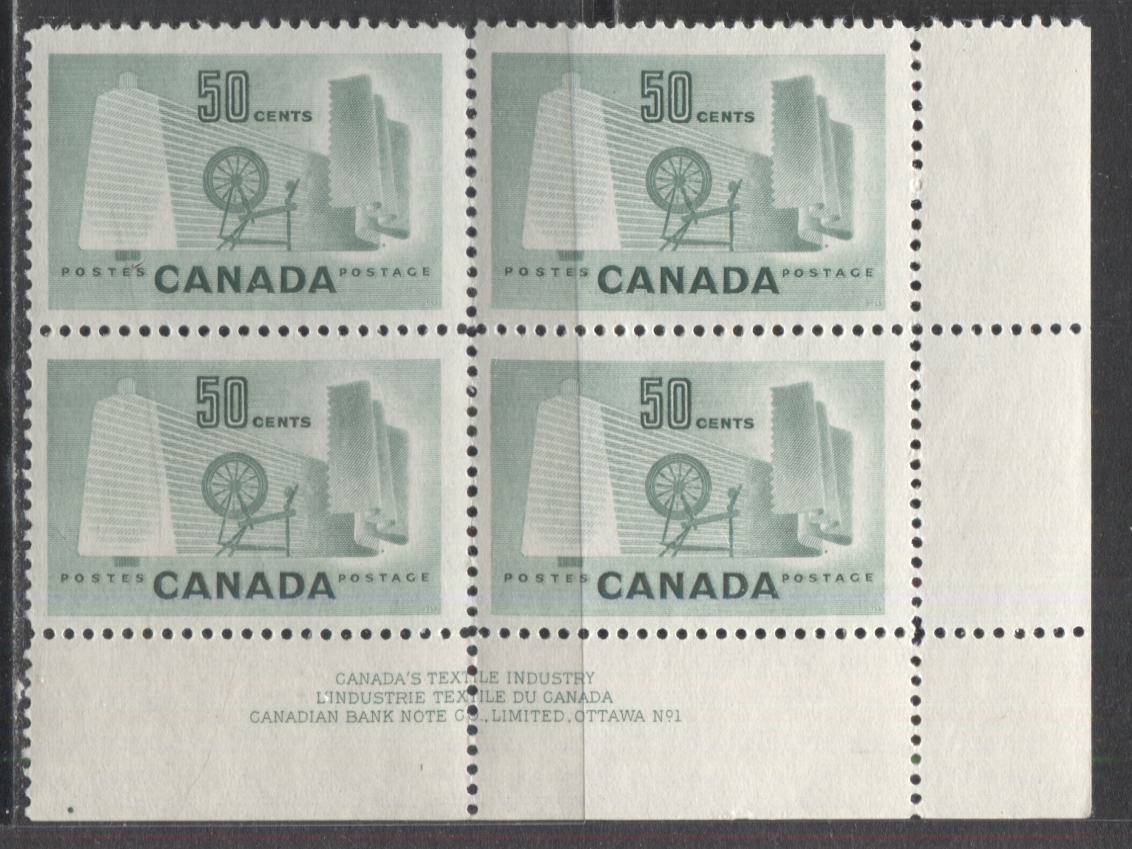 Lot 50 Canada #334 50c Light Green Textile Industry, 1953 Textile Issue, A Fine LR Plate 1 Block Of 4