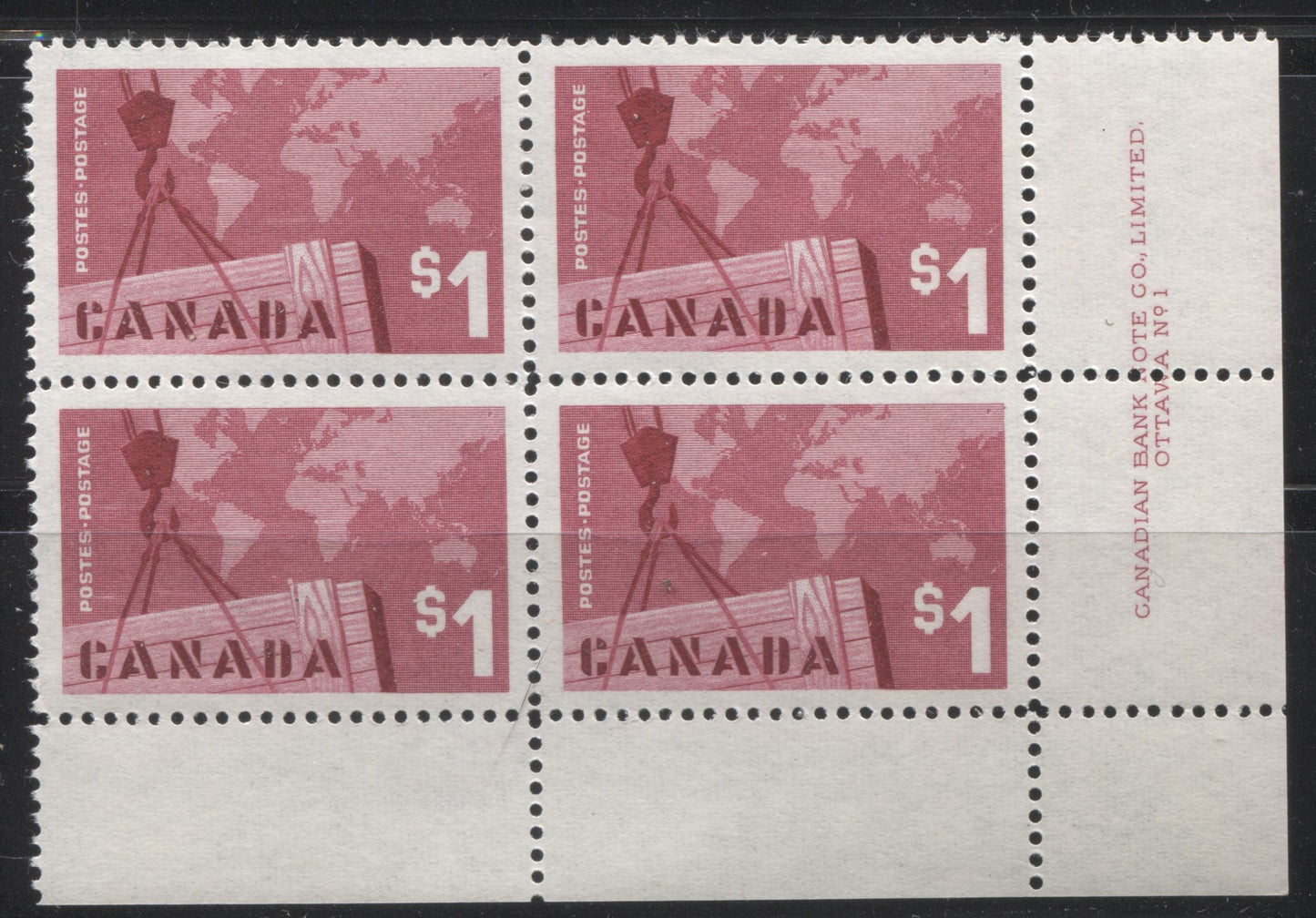 Lot 5 Canada #411 $1 Carmine Rose Crane & Map, 1963 Canadian Exports Issue, A VFNH LR Plate 1 Block Of 4, DF Paper With Light Vertical Ribbing