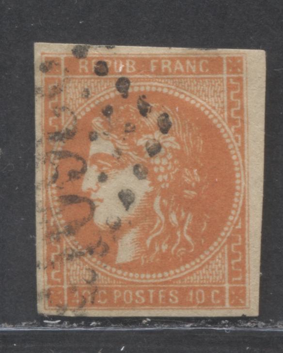 Lot 5 France SC#47 40c Bright Orange on Yellowish 1870-1871 Imperforate Bordeaux Issue, A VG Used Example, Net Estimated Value $25, Click on Listing to See ALL Pictures