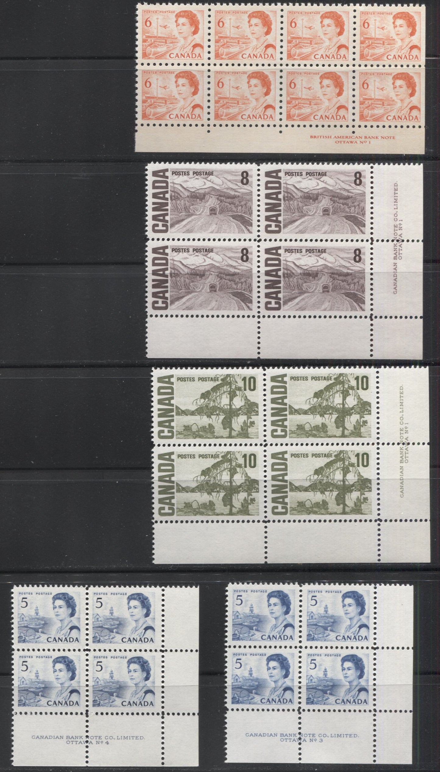 Lot 51 Canada #458-459, 461-462 5c - 6c, 8c - 10c Blue, Orange, Violet Brown & Olive Green Queen Elizabeth II & Alaska Highway, 1967-1973 Centennial Issue, 5 VFNH LR Plates 1-2, 4 Blocks Of 4 & 8 On Non, Dull & Low Fluorescent Papers