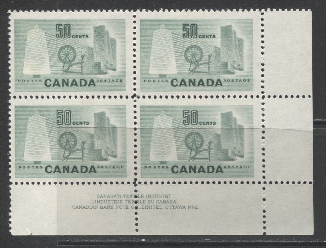 Lot 51 Canada #334 50c Light Green Textile Industry, 1953 Textile Issue, A Fine NH LR Plate 2 Block Of 4