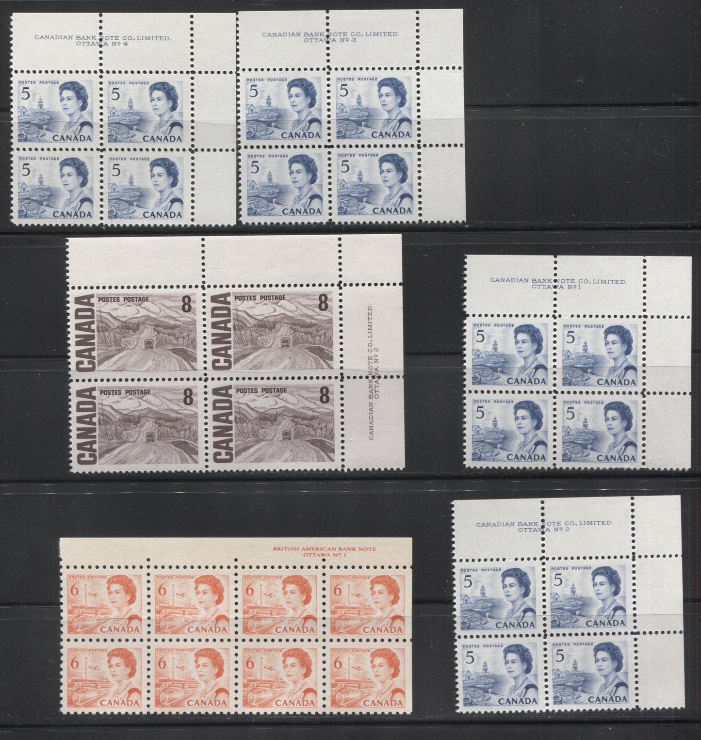 Lot 52 Canada #458-459, 461 5c - 6c, 8c Blue, Orange & Violet Brown Queen Elizabeth II & Alaska Highway, 1967-1973 Centennial Issue, 6 VFNH UR Plates 1-4 Blocks Of 4 & 8 On Dull & Low Fluorescent Papers