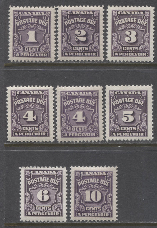 Lot 53 Canada #J15-J20 1c - 10c Dark Violet & Red Violet, 1935-1965 Fourth Postage Due Issue, 8 Very Fine LH & NH Singles Including 4c Red Violet