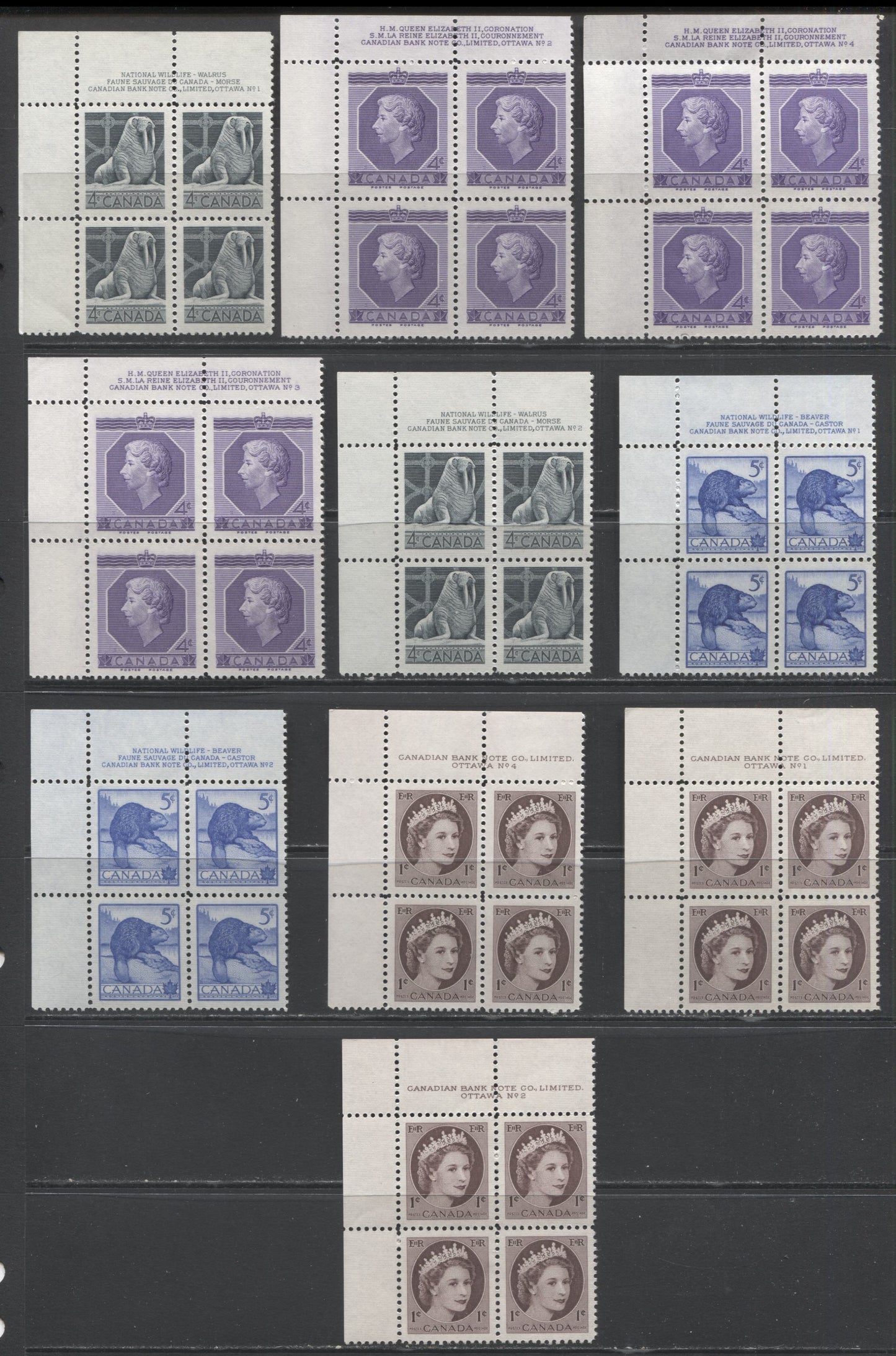 Lot 53 Canada #330, 335-337 1c - 5c Violet Brown - Ultramarine Queen Elizabeth II - Beaver, 1953-1954 Coronation, Wildlife & Wilding Issues, 10 VFNH UL Plates 1-4 Blocks Of 4, Line on Neck of #330 Plate 4