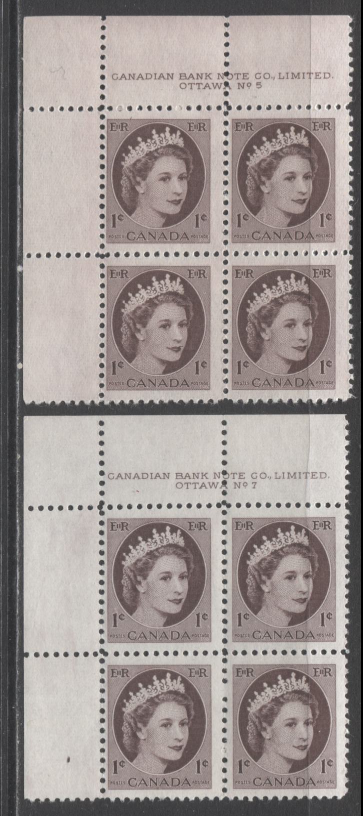 Lot 54 Canada #337 1c Violet Brown Queen Elizabeth II, 1954 Wilding Issue, 2 Fine NH UL Plates 5 & 7 Blocks Of 4