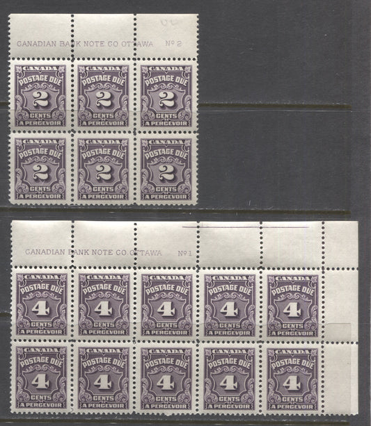 Lot 54 Canada #J16 & J17 2c & 4c Deep Rose Lilac (Dark Violet) , 1935-1965 Fourth Postage Due Issue, 2 VFNH Blocks Of 6 & 10 On Smooth Vertical Wove Paper, Cream & Semi Glossy Cream Gum