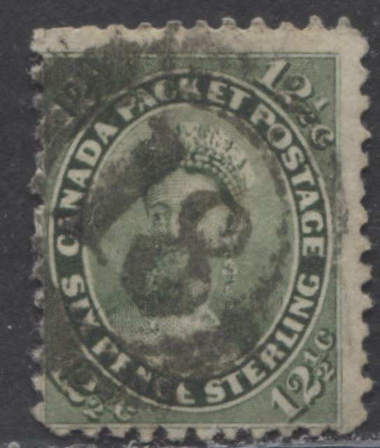 Lot 54 Canada #18 12.5c Yellow Green Queen Victoria, 1859-1864 First Cents Issue, A Good Used Single With #18 Kingston Cancel, Perf 11.75