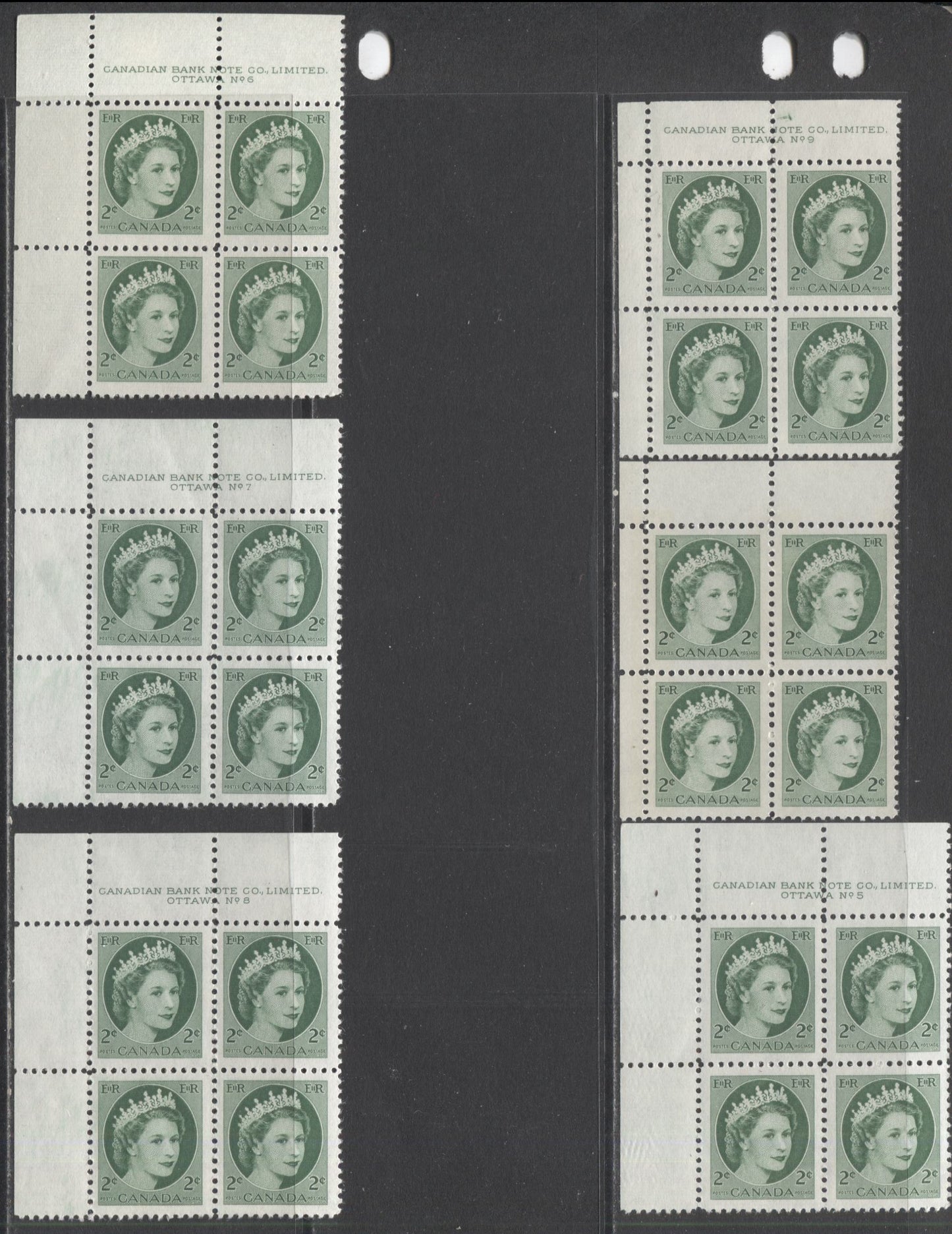 Lot 55 Canada #338 2c Green Queen Elizabeth II, 1954 Wilding Issue, 6 Fine NH and VFNH UL Plates 5-9 Blocks Of 4