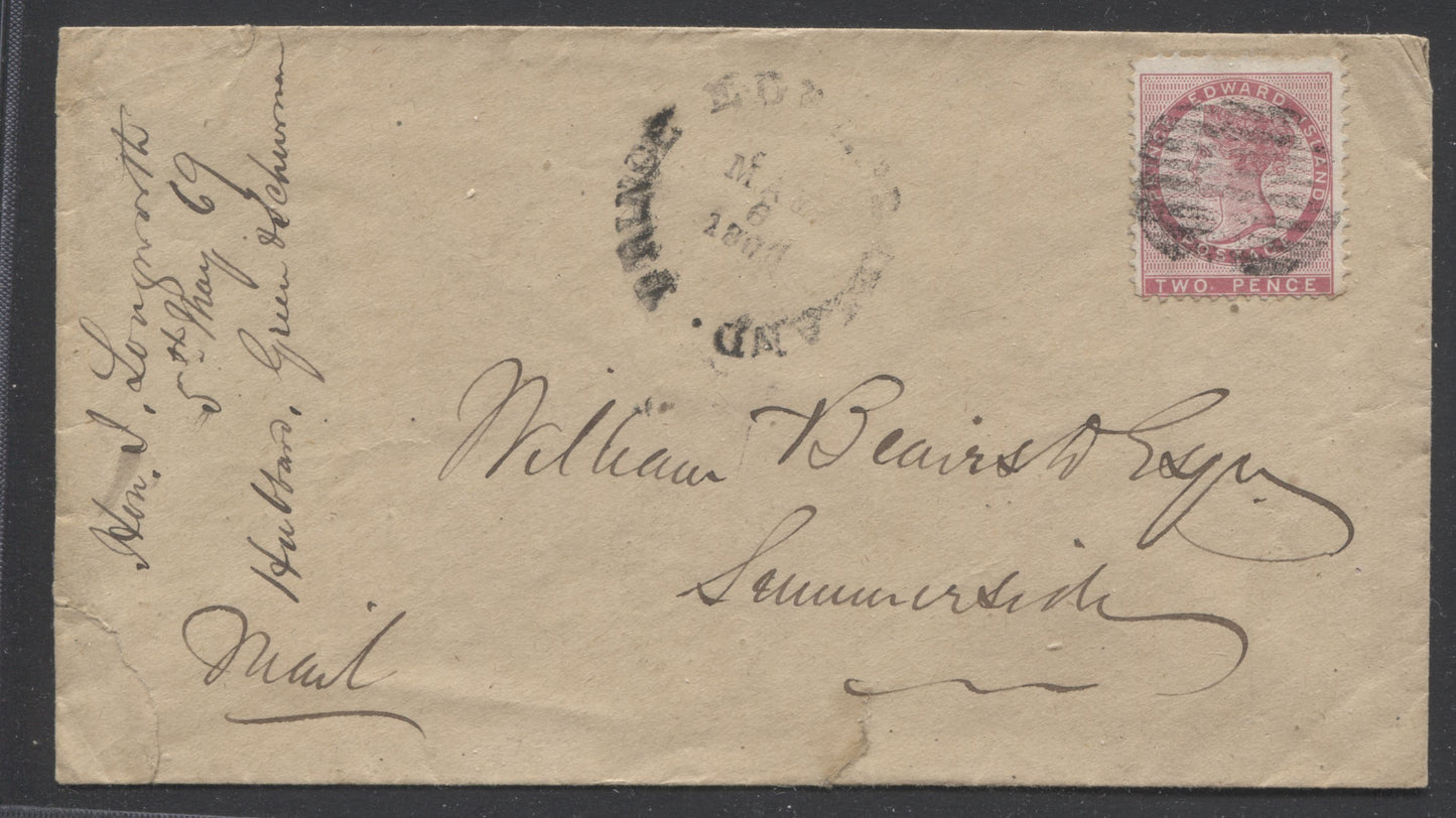 Lot 56 Prince Edward Island #5 2d Rose Perf. 11.75 Die 1 Single Usage on May 5, 1869 Cover to Willaim Bearsto in Summerside PEI