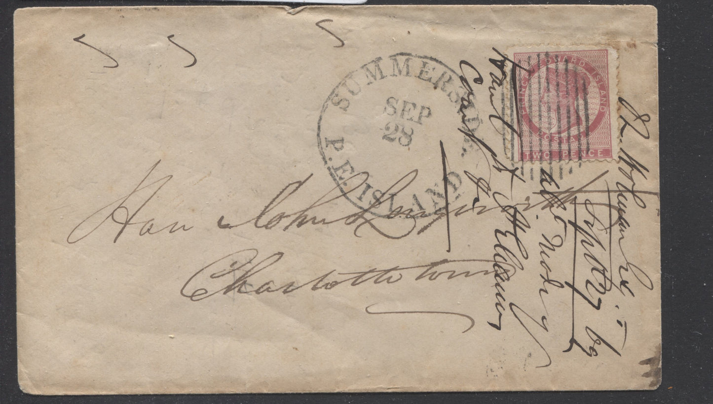 Lot 57 Prince Edward Island #5 2d Rose Perf. 11.75 Die 1 Single Usage on September 28, 1869 Cover to John Longworth, Esq., in Charlottetown