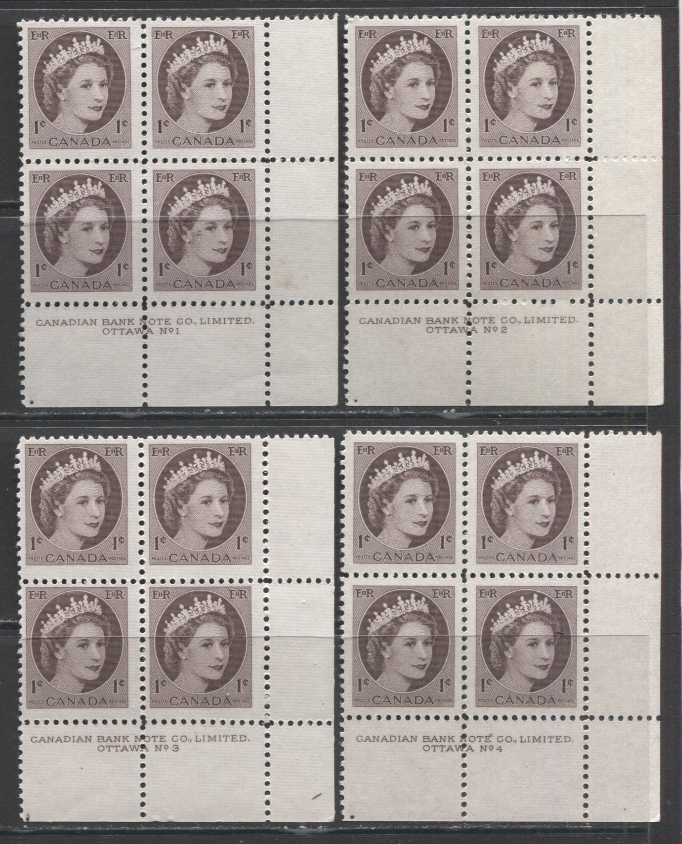 Lot 57 Canada #330, 335-337 1c - 5c Violet Brown - Ultramarine Queen Elizabeth II - Beaver, 1953-1954 Coronation, Wildlife & Wilding Issues, 11 Fine NH and VFNH LR Plates 1-4 Blocks Of 4