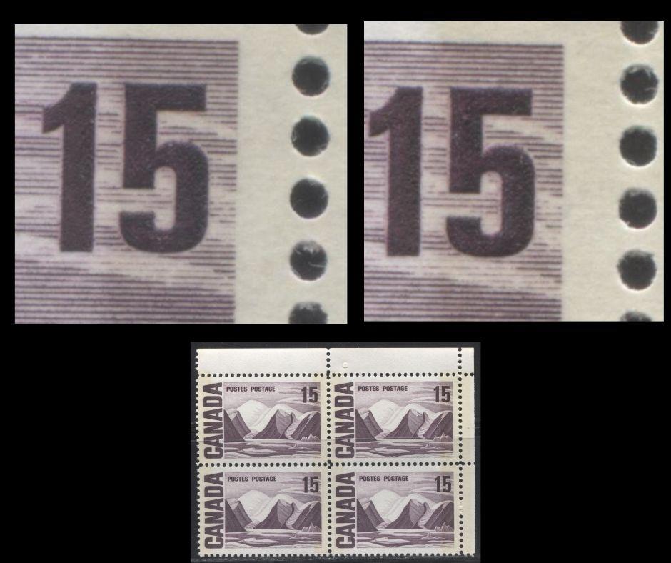 Lot 57 Canada #463pv 15c Deep Bright Reddish Lilac Greenland Mountains, 1967-1973 Centennial Definitive Issue, A VFNH UR W2B Tagged Field Stock Block Of 4 On LF-fl Horizontal Wove Paper With Eggshell PVA Gum, Plastic Flow Variety