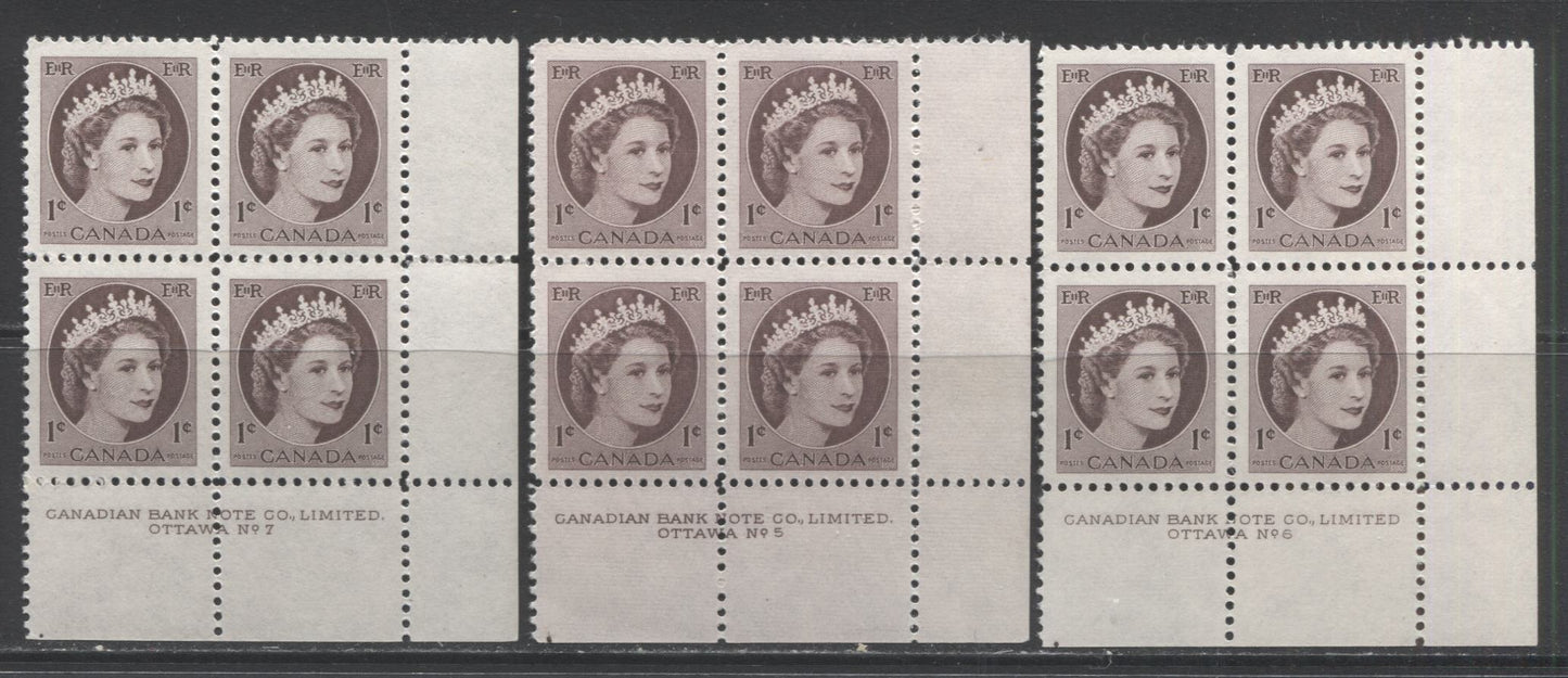 Lot 58 Canada #337 1c Violet Brown Queen Elizabeth II, 1954 Wilding Issue, 3 VFNH LR Plates 5-7 Blocks Of 4
